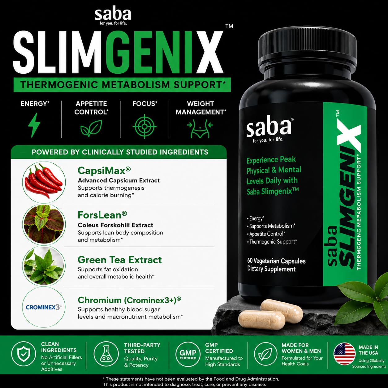 Saba SlimGenix Thermogenic Metabolism & Belly Fat Burning with CapsiMax®, ForsLean® & Chromium, 60 Capsules