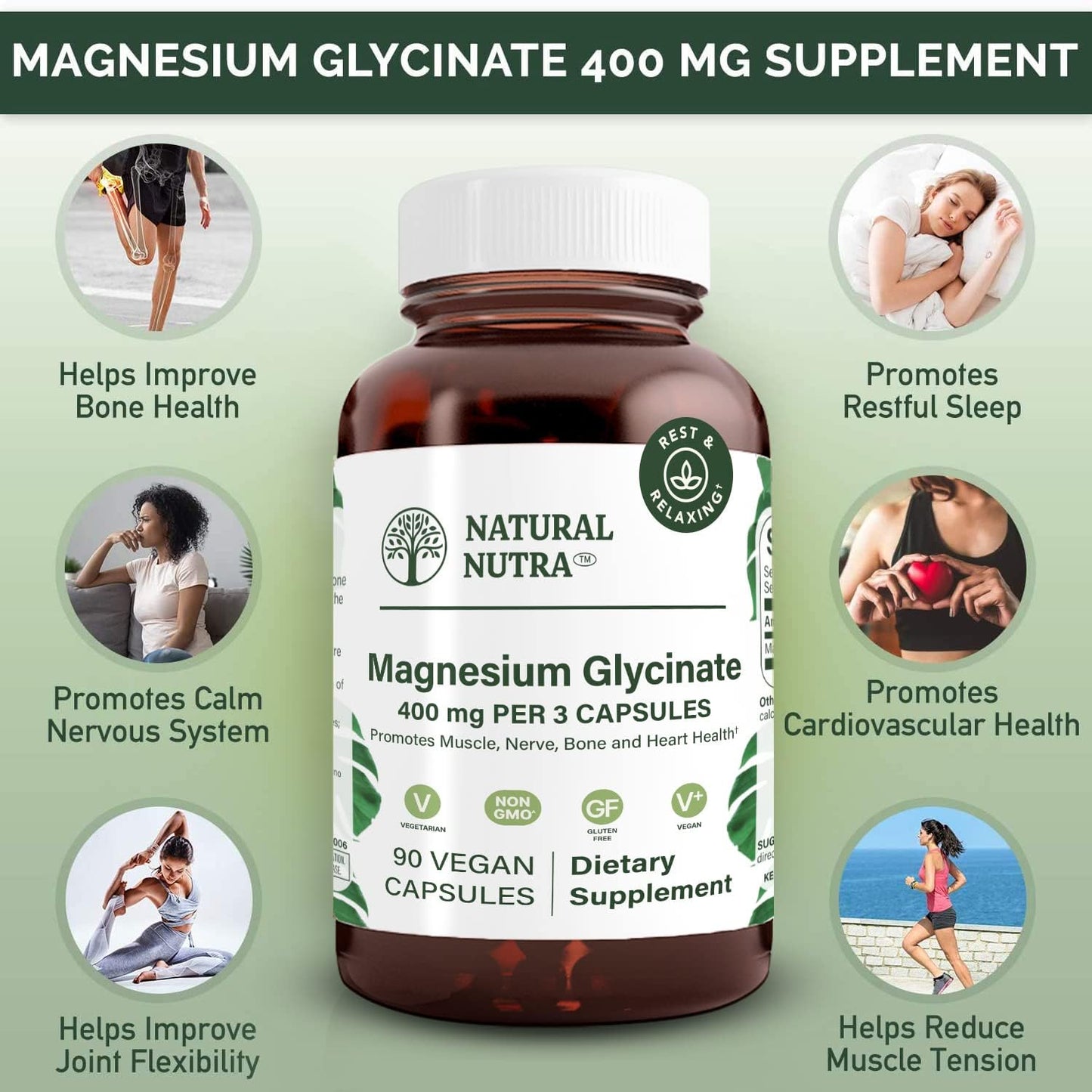 Natural Nutra Magnesium Glycinate 400 mg Supplement Capsules, 90 Count