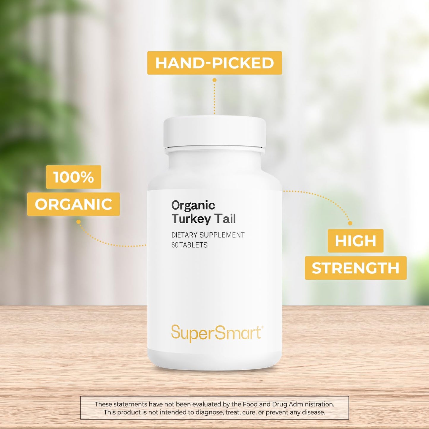 Supersmart Organic Turkey Tail 1000mg per Day Mushroom Extract Supplement Tablets, 60 Tablets