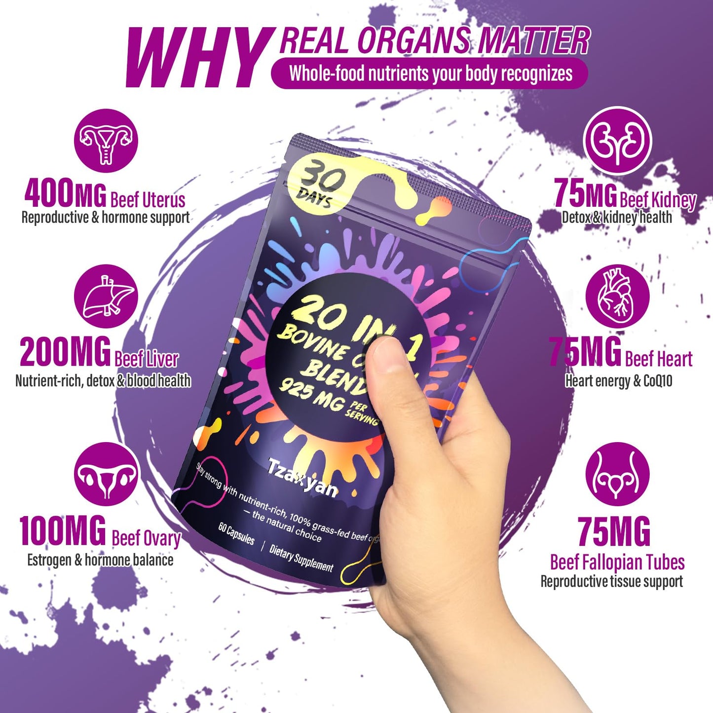 Tzaxyan Pure Beef Organ Supplement for Women 20-in-1 Grass Fed Beef Liver, Uterus, Ovary, Kidney, Heart & Fallopian Tubes with Maca, DIM, Black Cohosh Capsule 60 Count