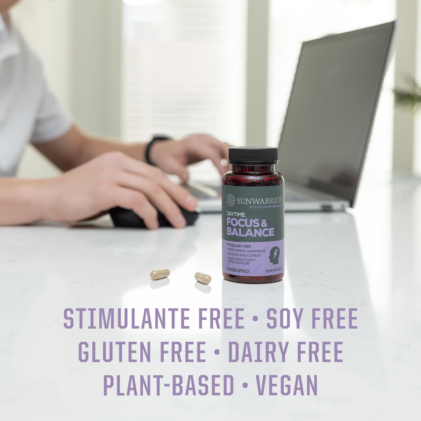 Sunwarrior Ashwagandha, Rhodiola, Reishi & 5-HTP for Stress-Free Focus Active Focus & Balance Capsules, 60 Capsules