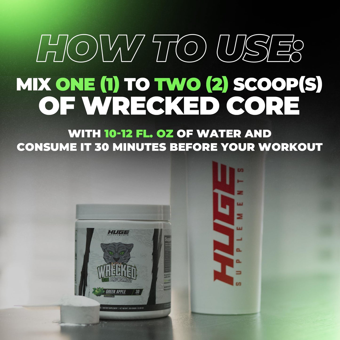 Huge Supplements Wrecked Core All-in-One Pre-Workout Supplement for Men & Women, Increase Energy, Focus & Pumps with L-Citrulline, Beta-Alanine, L-Tyrosine & More Green Apple Powder 30 Servings