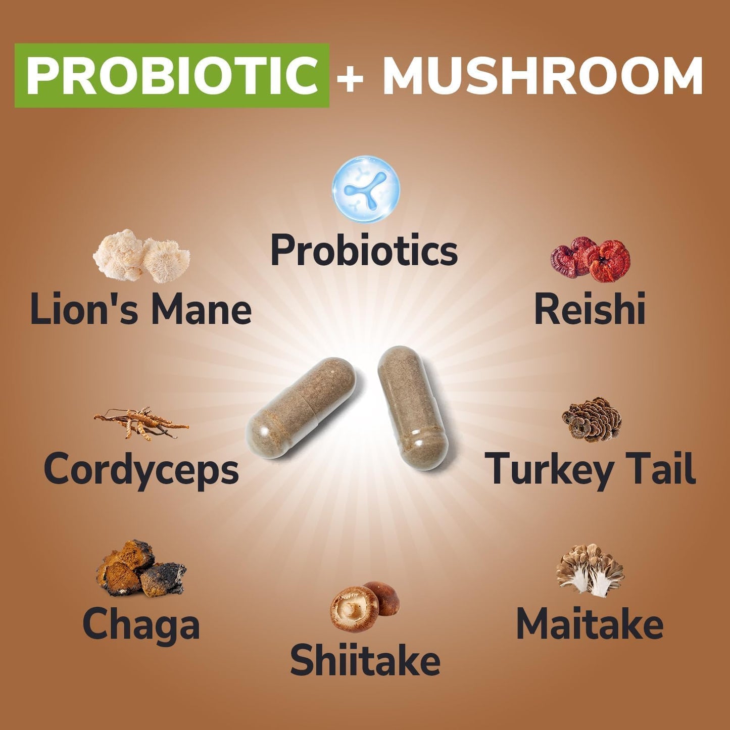 Vitalibre Probiotics+Mushroom with Lion's Mane, Reishi, Cordyceps, 10 Probiotic Strains, 1000mg Mushroom Extract Blend, for Digestive, Immune, Brain Health & Energy Production, 60 Capsules