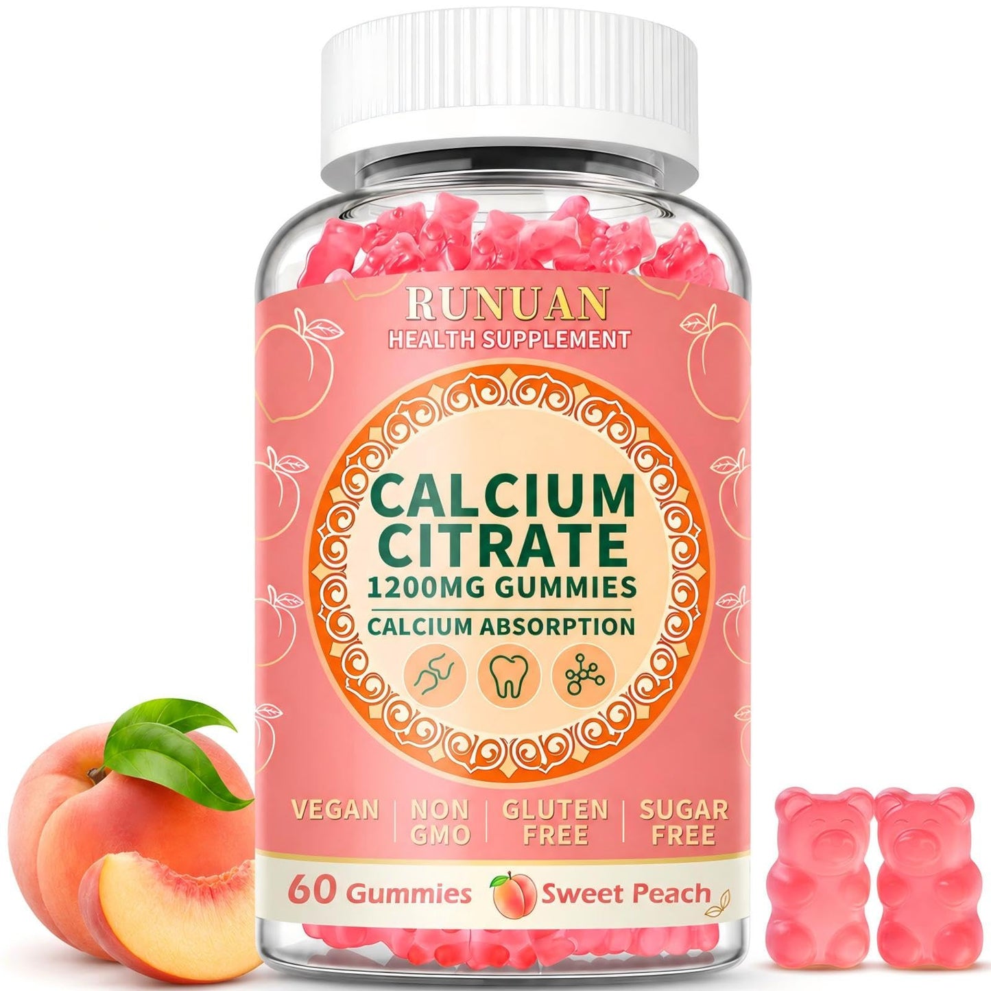 RUNUAN Calcium Citrate 1200mg Gummies, 60 Count