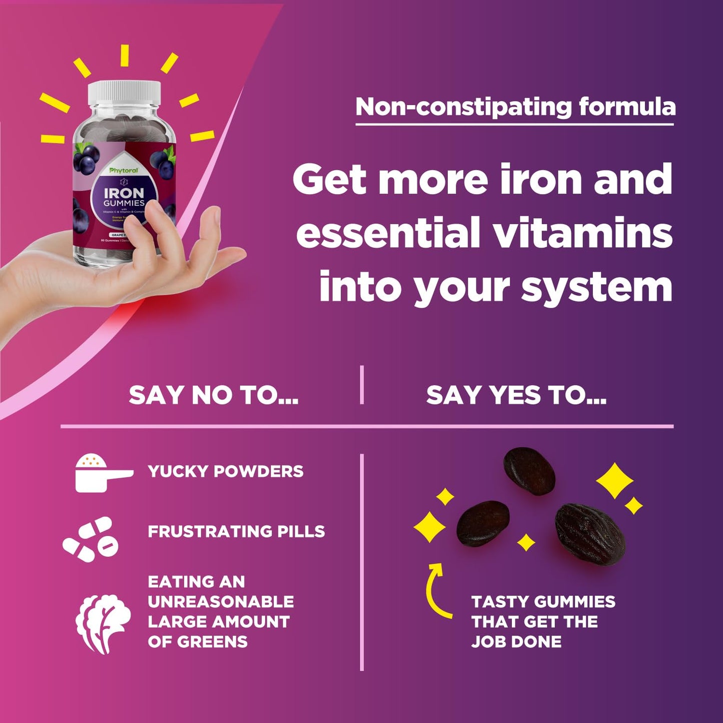 Phytoral Natural Multivitamin Iron Gummies for Adults - Adult Gummy Vitamins with Iron and Energy Boost B Complex Vitamins - Gummy Supplement and Mental Clarity Focus Multivitamin, 60 Count