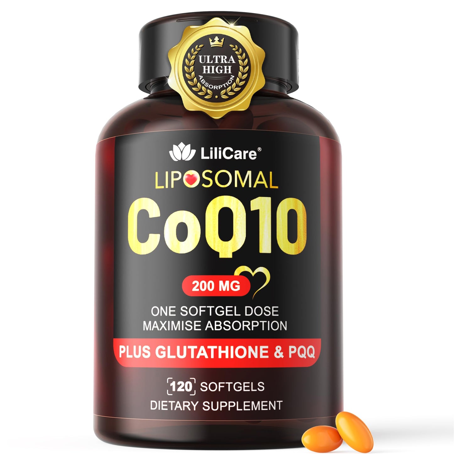 LILICARE CoQ10 200mg Softgels with PQQ & Black Pepper Extract, 120 Softgels