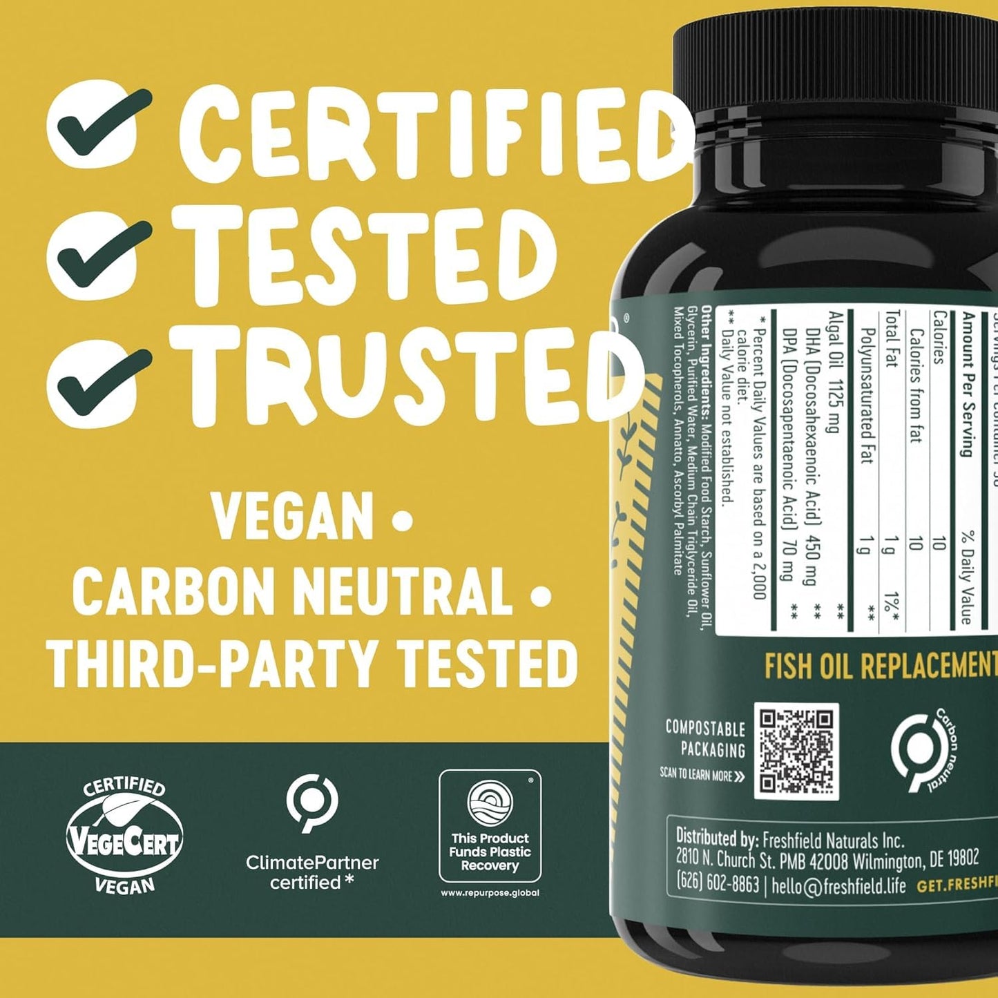 Freshfield Vegan Omega-3 Algae Oil DHA Supplement Softgels 120
