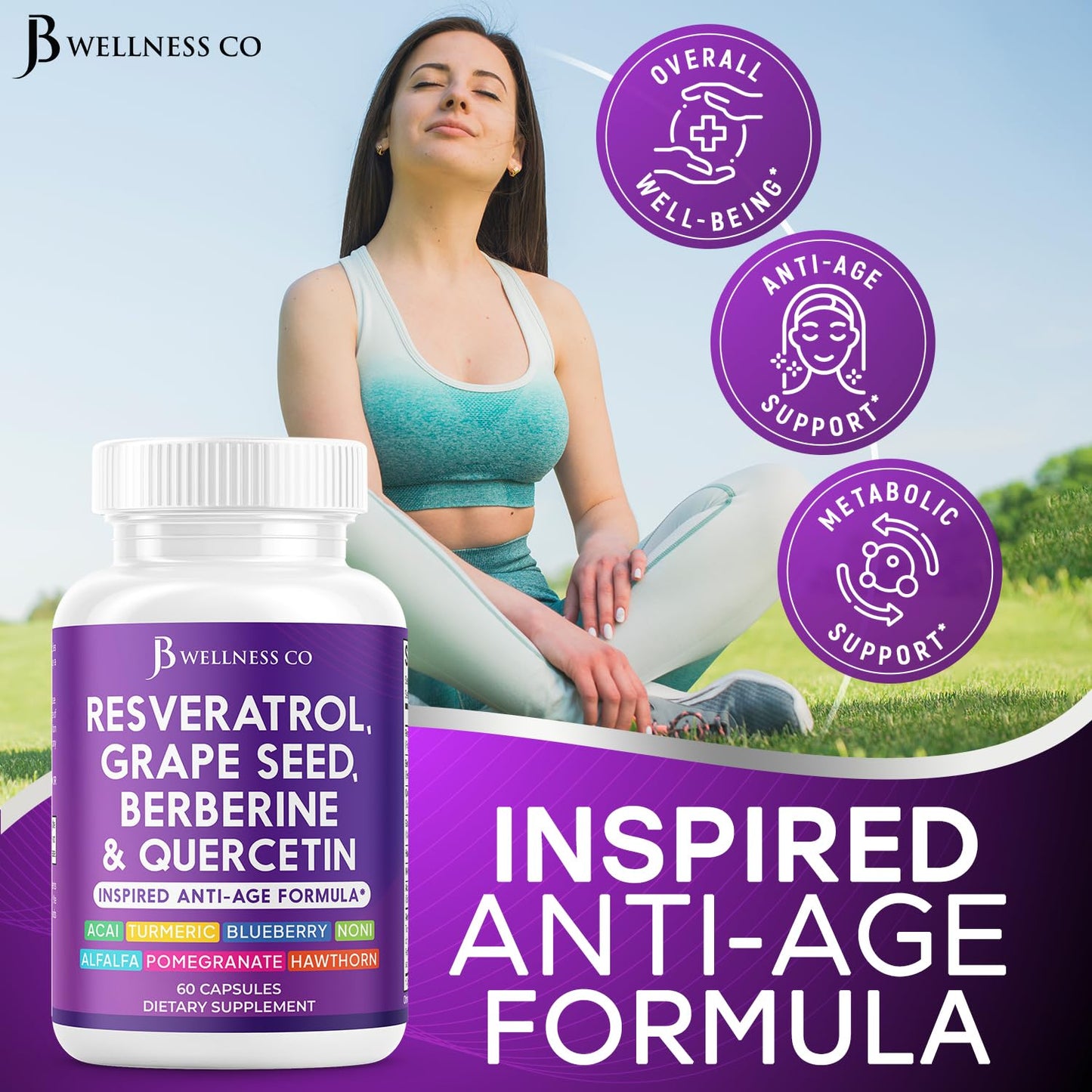 JB Wellness Co Resveratrol Grape Seed Extract, Berberine, Quercetin Polyphenol Supplement with Noni, N-Acetyl Cysteine, Acai Extract 60 Capsules