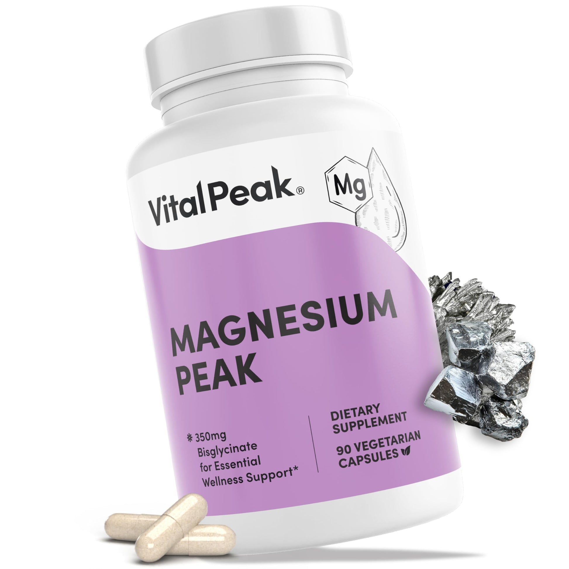 Vital Peak Magnesium 350 mg Natural High Absorption Magnesium Bisglycinate Supplement, 90 Capsules