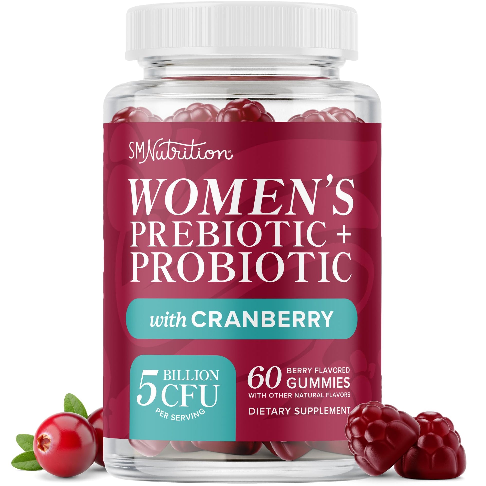 SMNutrition Probiotics for Women with Prebiotics + Cranberry, 5 Billion CFU, Vegan Gummies, 60 Count