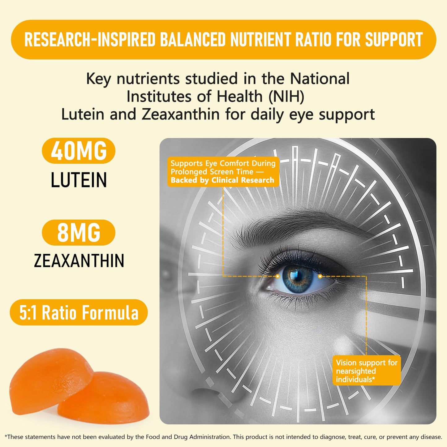 Bestniffes Lutein Gummies with Lutein 40mg & Zeaxanthin 8mg for Eye Health, Vegan, 60 Gummies