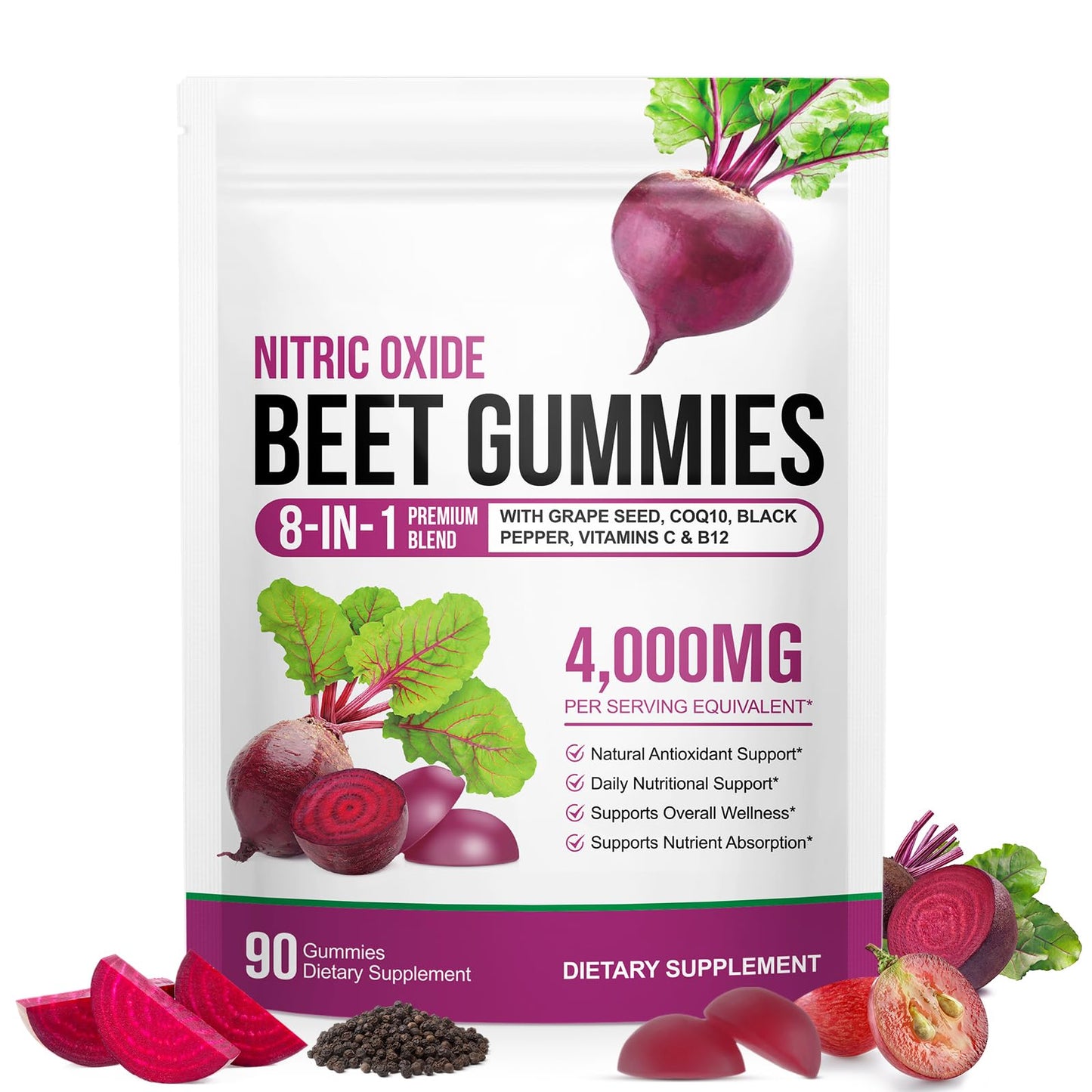 TAKNFDMY Beet Root Gummies 8-in-1 with CoQ10, Grape Seed, Vitamin C & B12 Gummy 90 Count