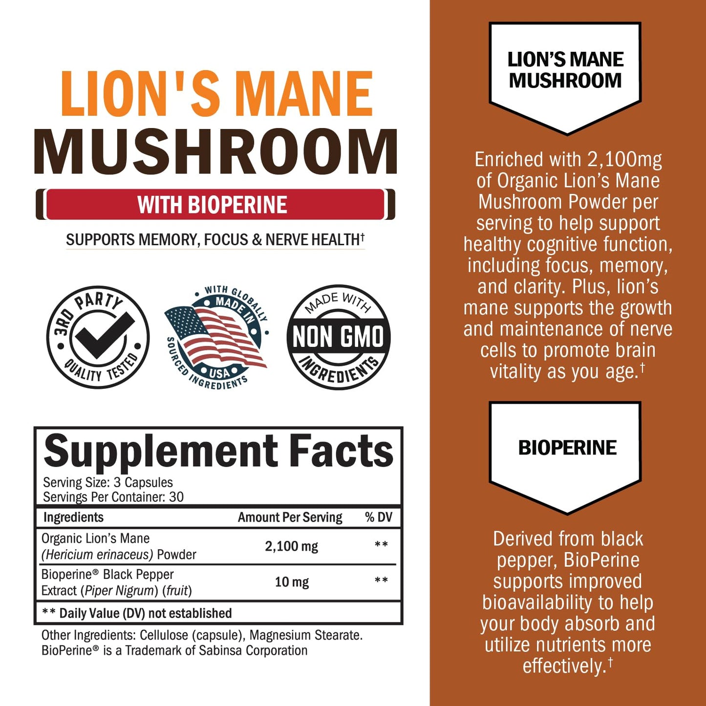 BioSchwartz Organic Lions Mane Supplement Capsules, 90 Count