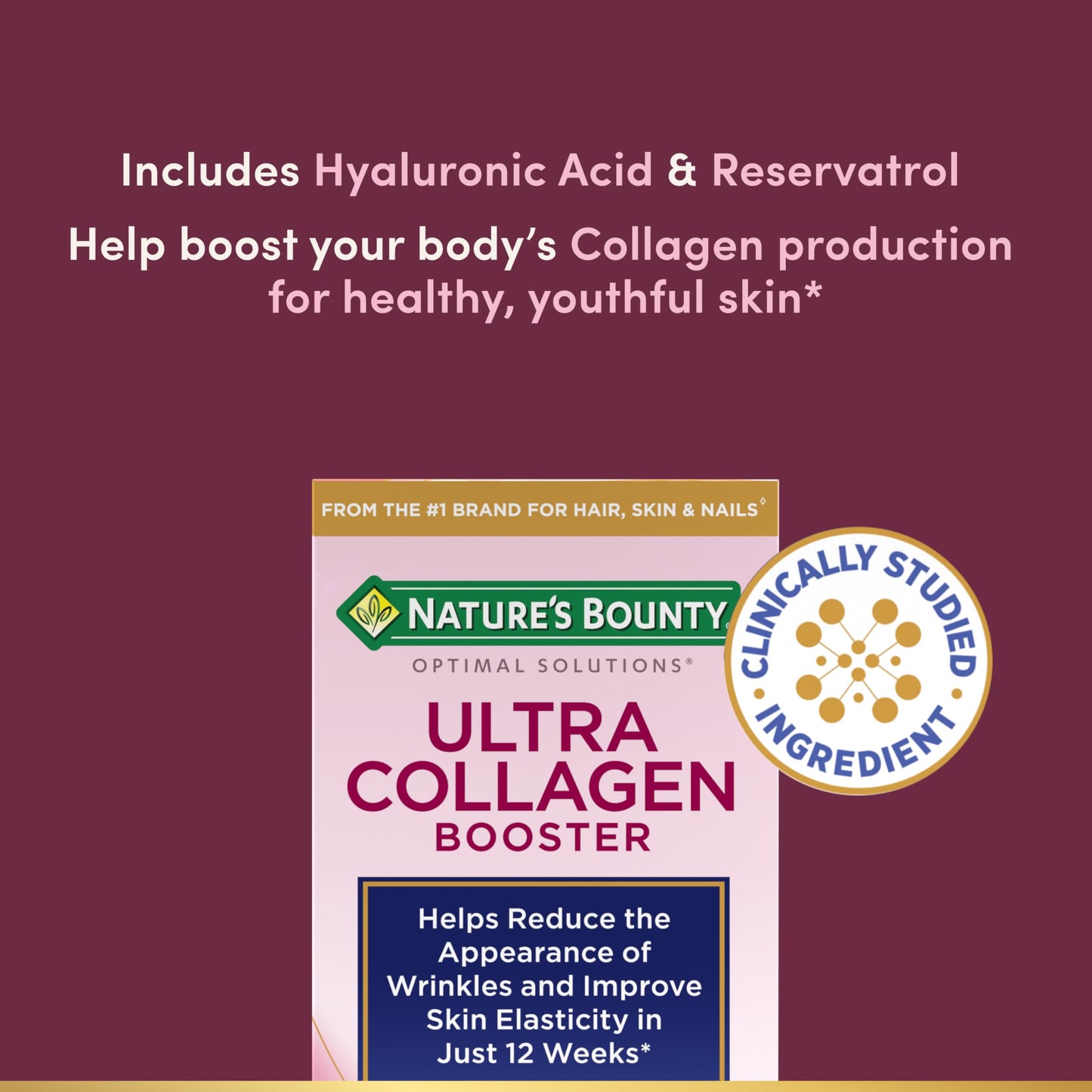 Nature's Bounty Optimal Solutions Ultra Collagen Booster for Healthy-Aging Supplement, Resveratrol, Hyaluronic Acid – Collagen Capsules, 48 Count