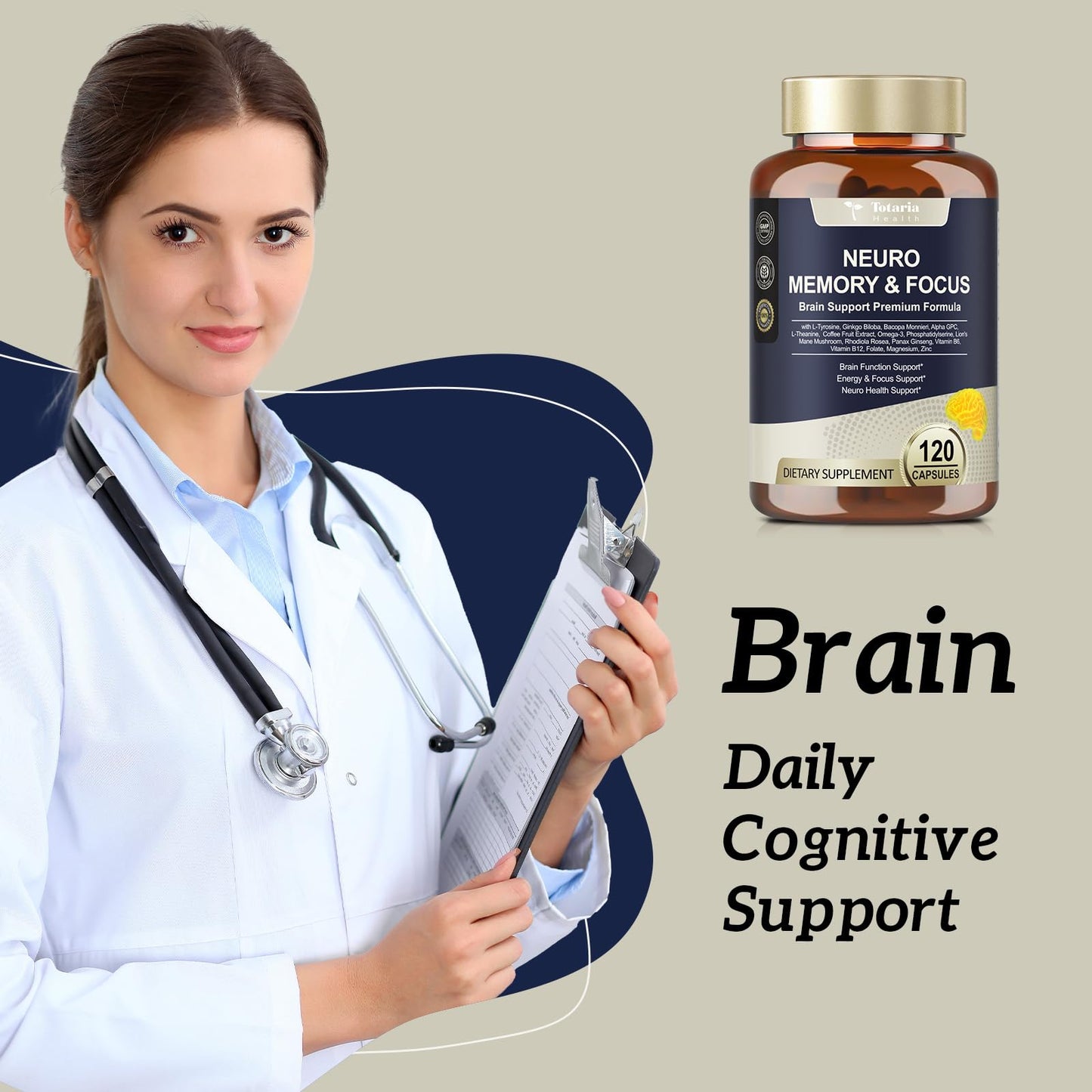 Totaria 25 in 1 Brain Supplements for Memory and Focus & Neuro Health Daily Brain Nootropic Cognitive Supplement with L-Tyrosine, Bacopa Monnieri, Ginkgo Biloba, Alpha GPC, 120 Capsules