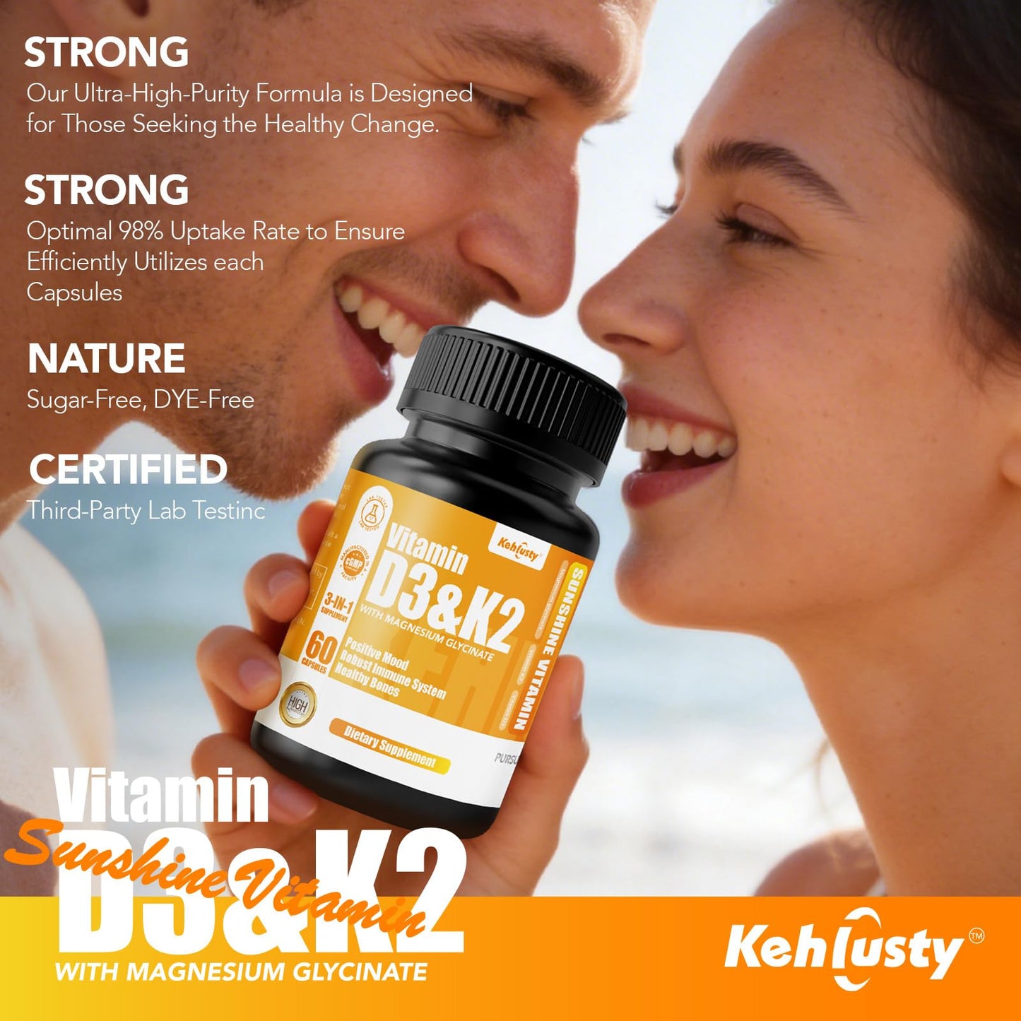 KEHLUSTY Vitamin D3 K2 with Magnesium Glycinate, 4000 IU D3, 100 mcg K2 MK-7, Non-GMO, 60 Gummies