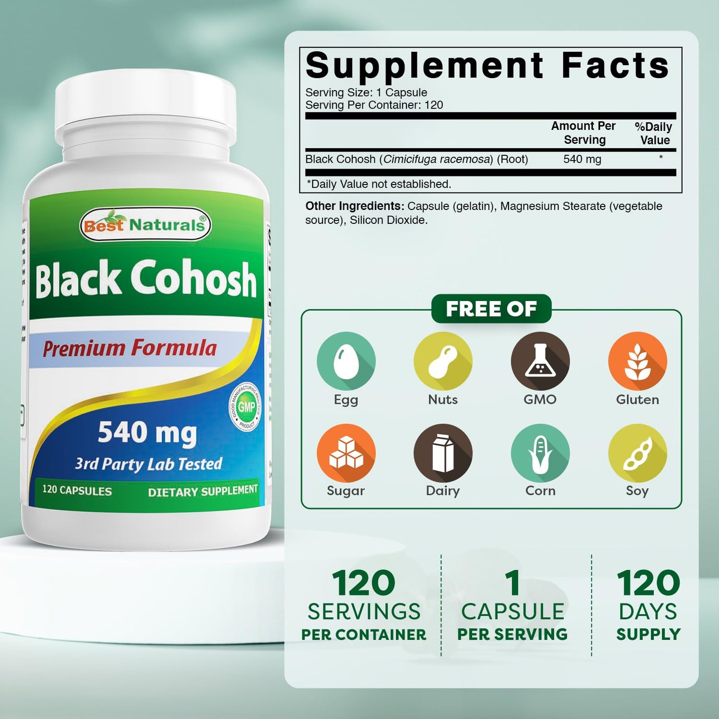 Best Naturals Black Cohosh 540 mg Capsule, 120 Count