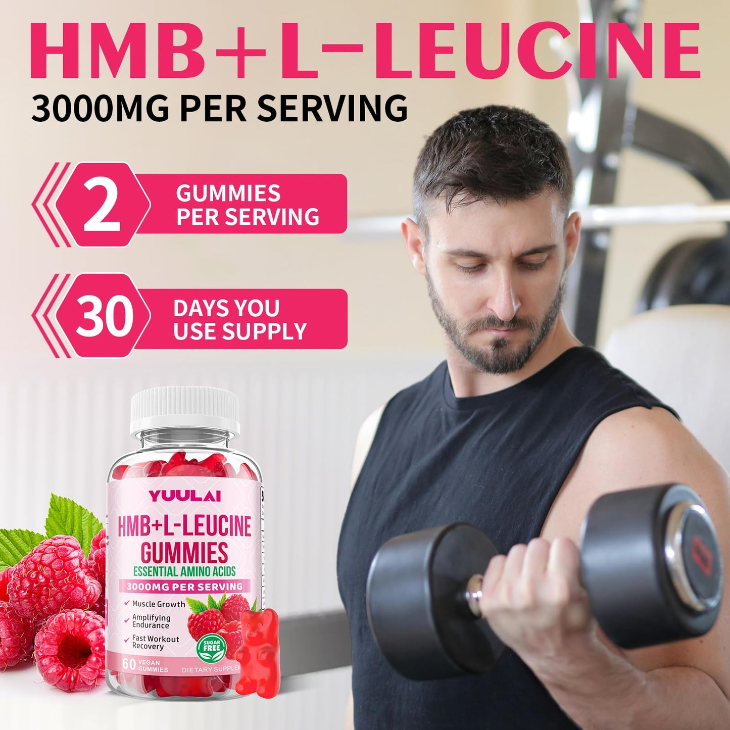 YUULAI HMB and L-Leucine Gummies, 60 Count