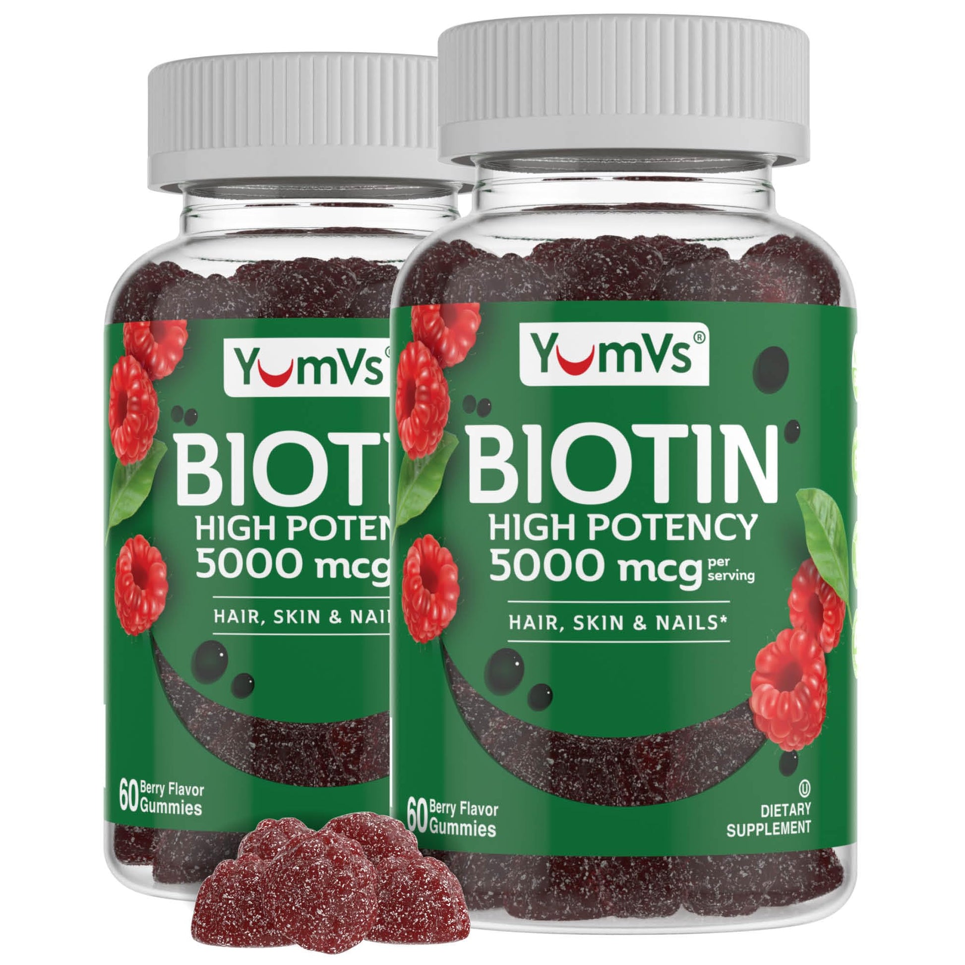 YUM-V'S Biotin Gummies 5000mcg - Luscious Raspberry Flavor - Hair, Skin & Nails Vitamins - 120 Gummies