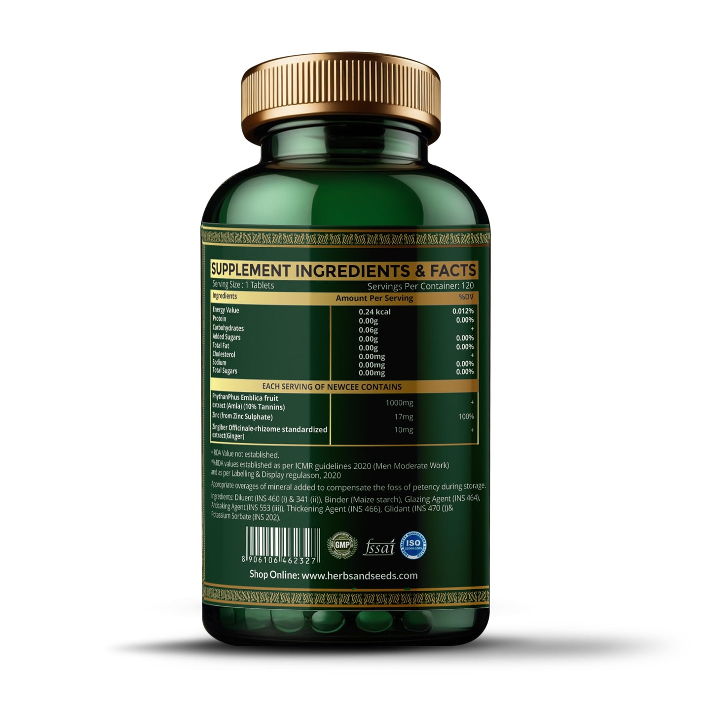 HERBS & SEEDS Vitamin C Supplement with Zinc 1000mg Plant-Based Tablets, 120 Tablets
