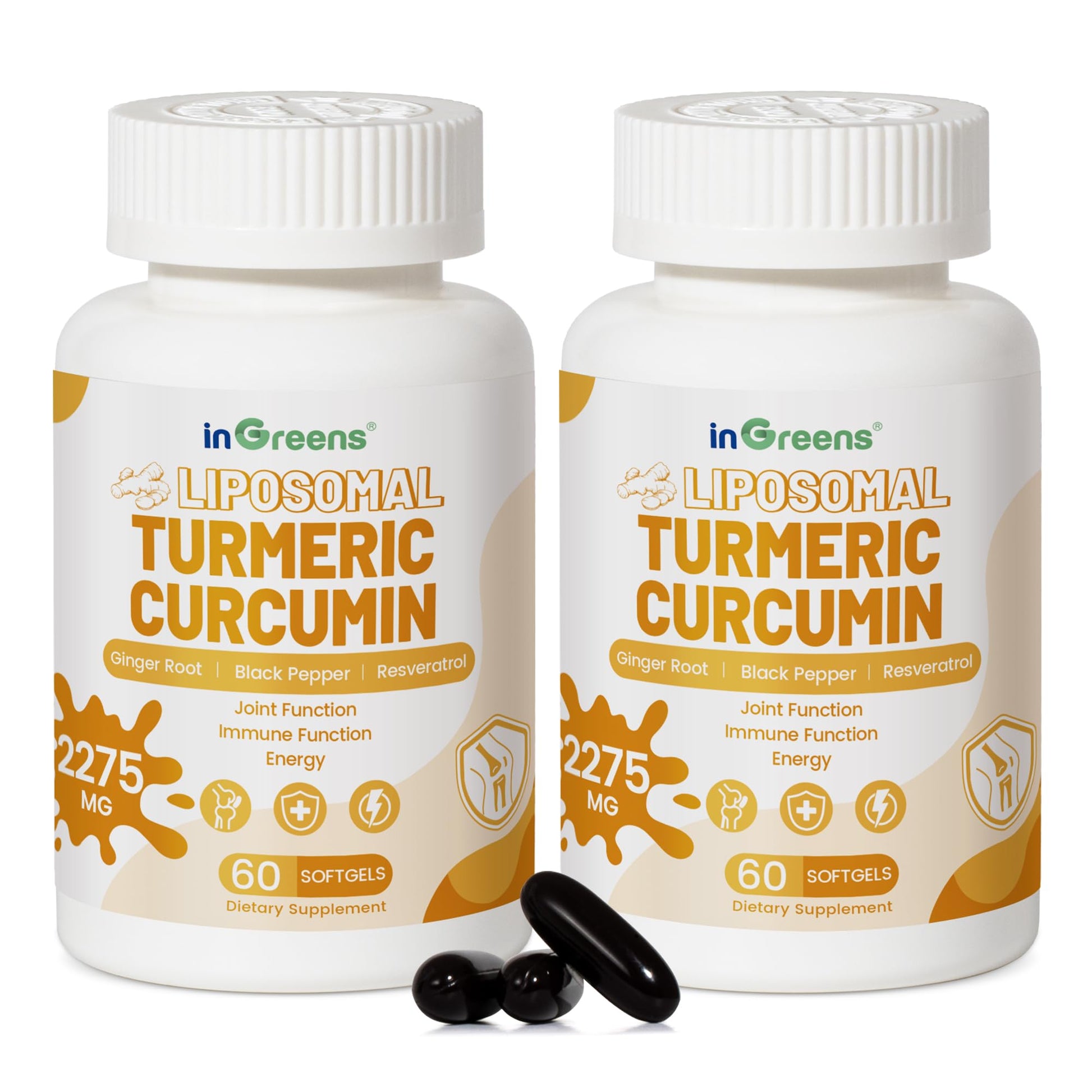 inGreens Turmeric Curcumin Softgels 2275mg, 95% Curcumin, Liposomal Turmeric with Black Pepper & Ginger Extract, Joint Support, Immune Function, Non-GMO, 120 Softgels