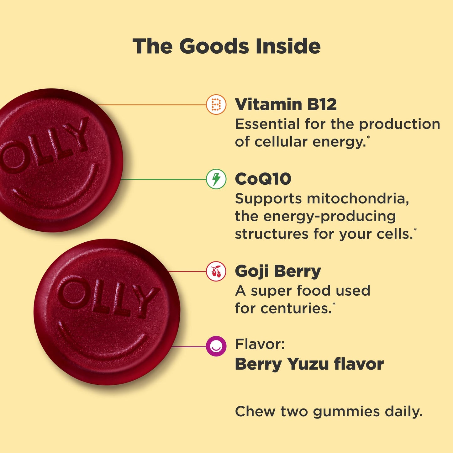 OLLY Extra Strength Daily Energy Vitamin B12 CoQ10 Berry Yuzu Gummy 60 Count