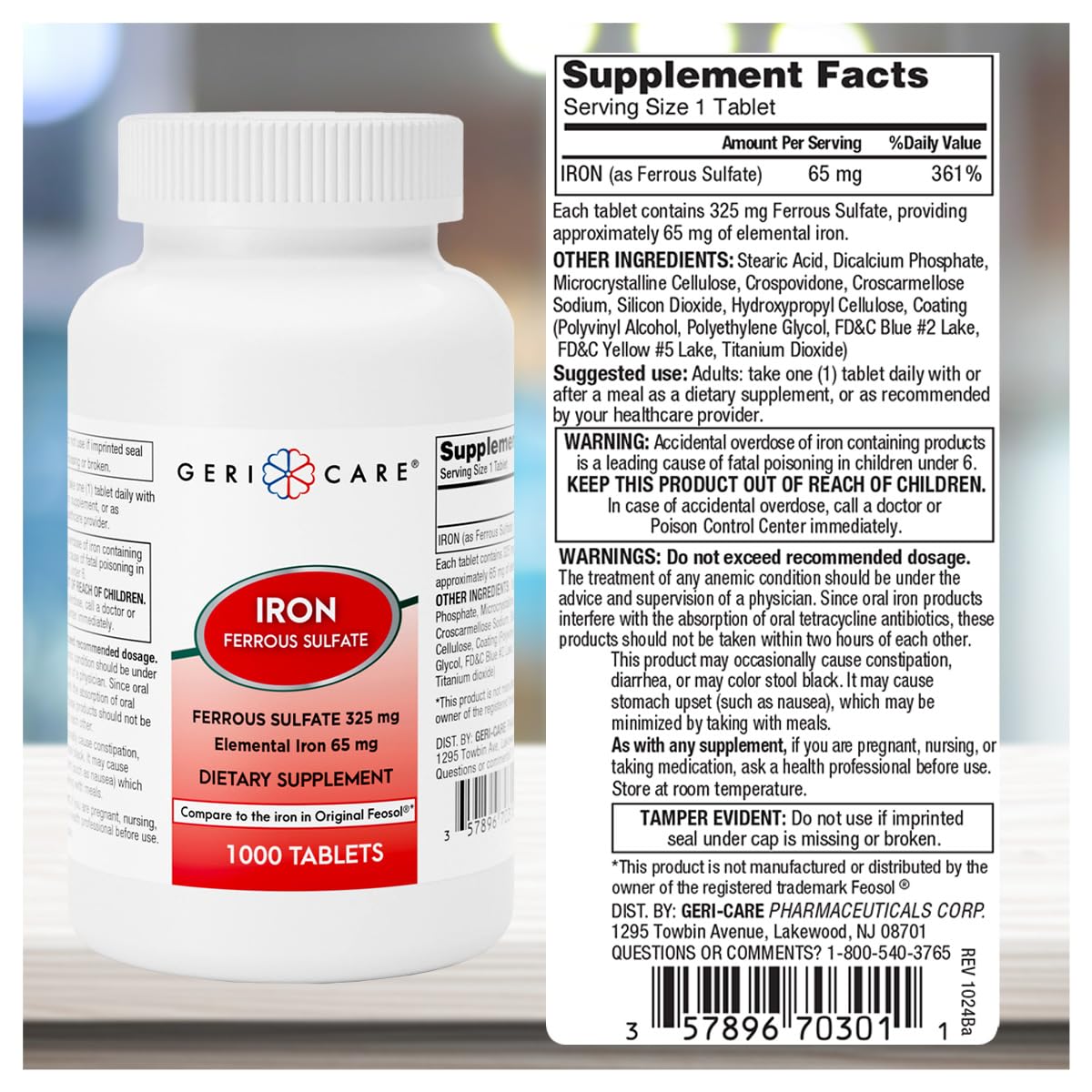 GeriCare Ferrous Sulfate Tablets, 1000 Count