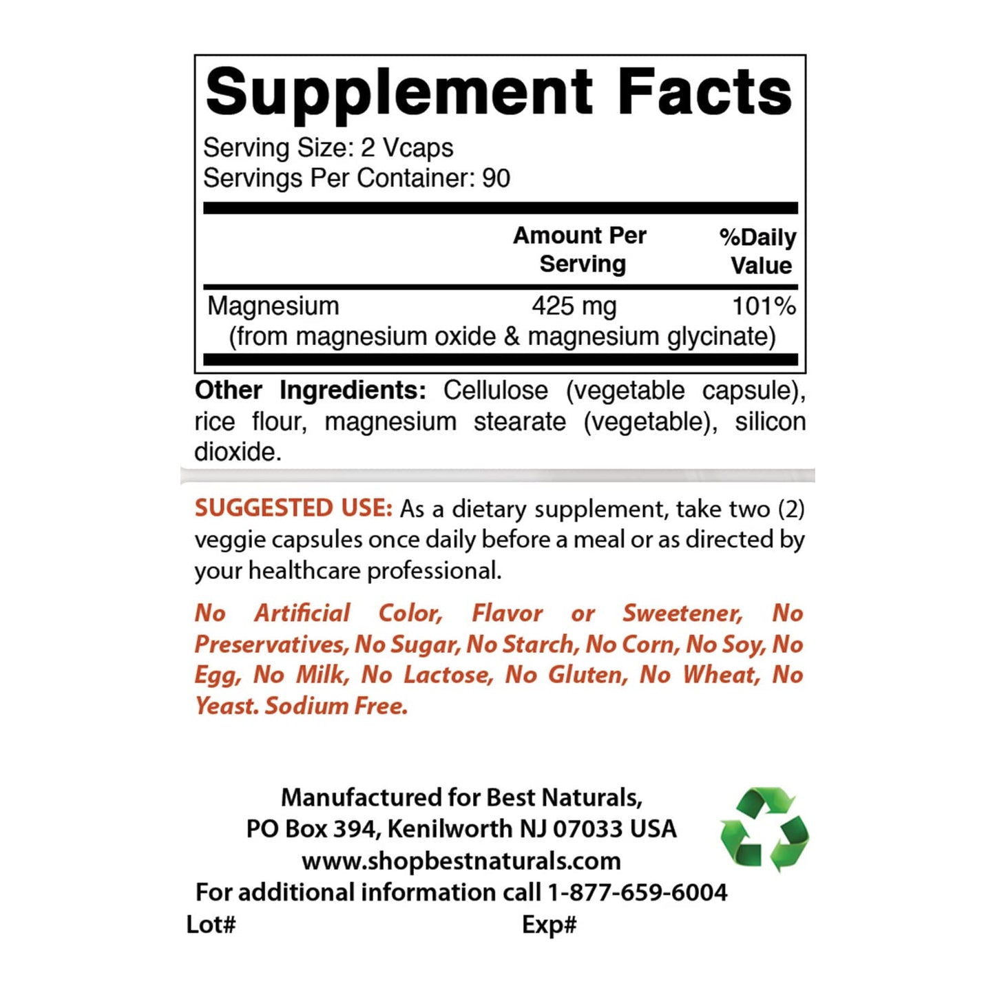 Best Naturals Magnesium 425 mg Capsules, 540 Count
