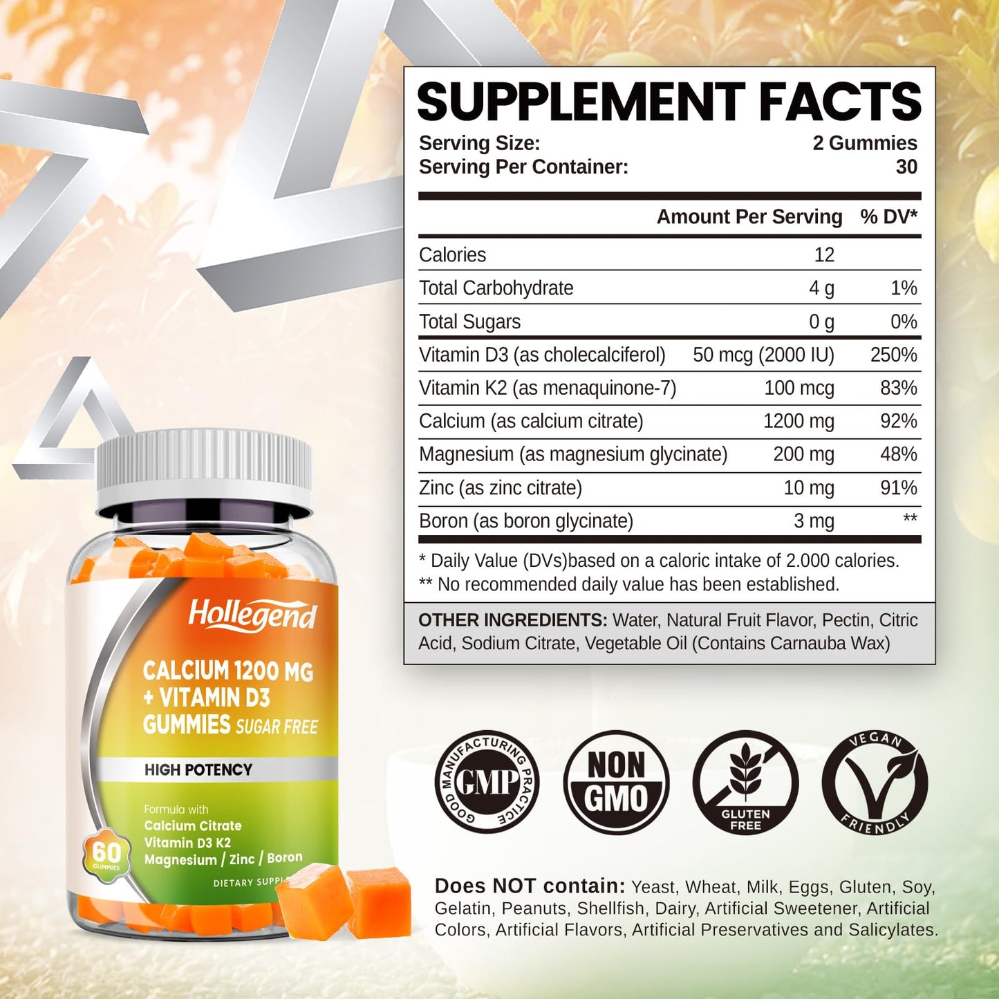 HOLLEGEND Calcium 1200 mg with Vitamin D3 Gummies, 60 Count
