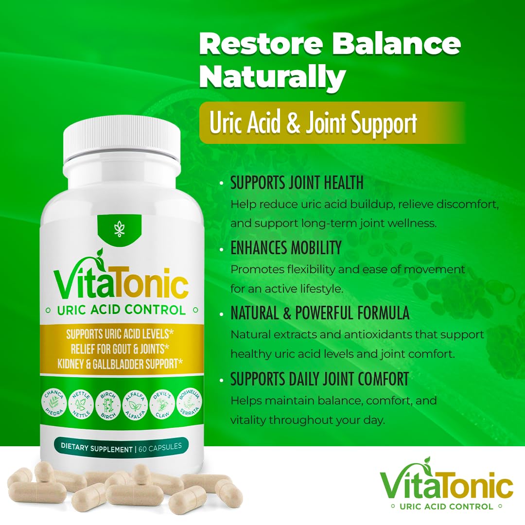AURA VITAMINS Vitatonic Uric Acid Balancing Aid for Both Genders – Herbal Joint Care Detox Solution, Enhance Mobility Capsules, 60 Count