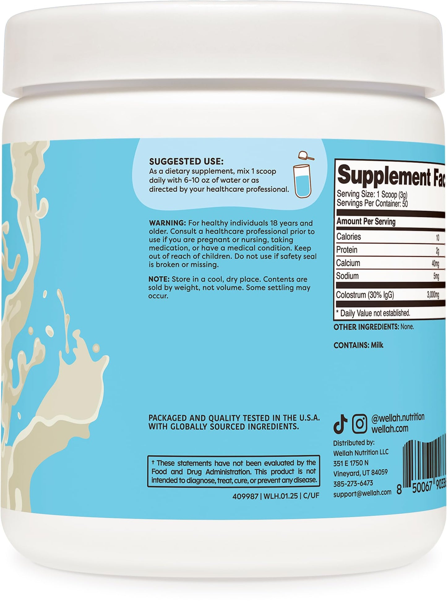 Wellah Colostrum Powder (Unflavored), 5.4 oz