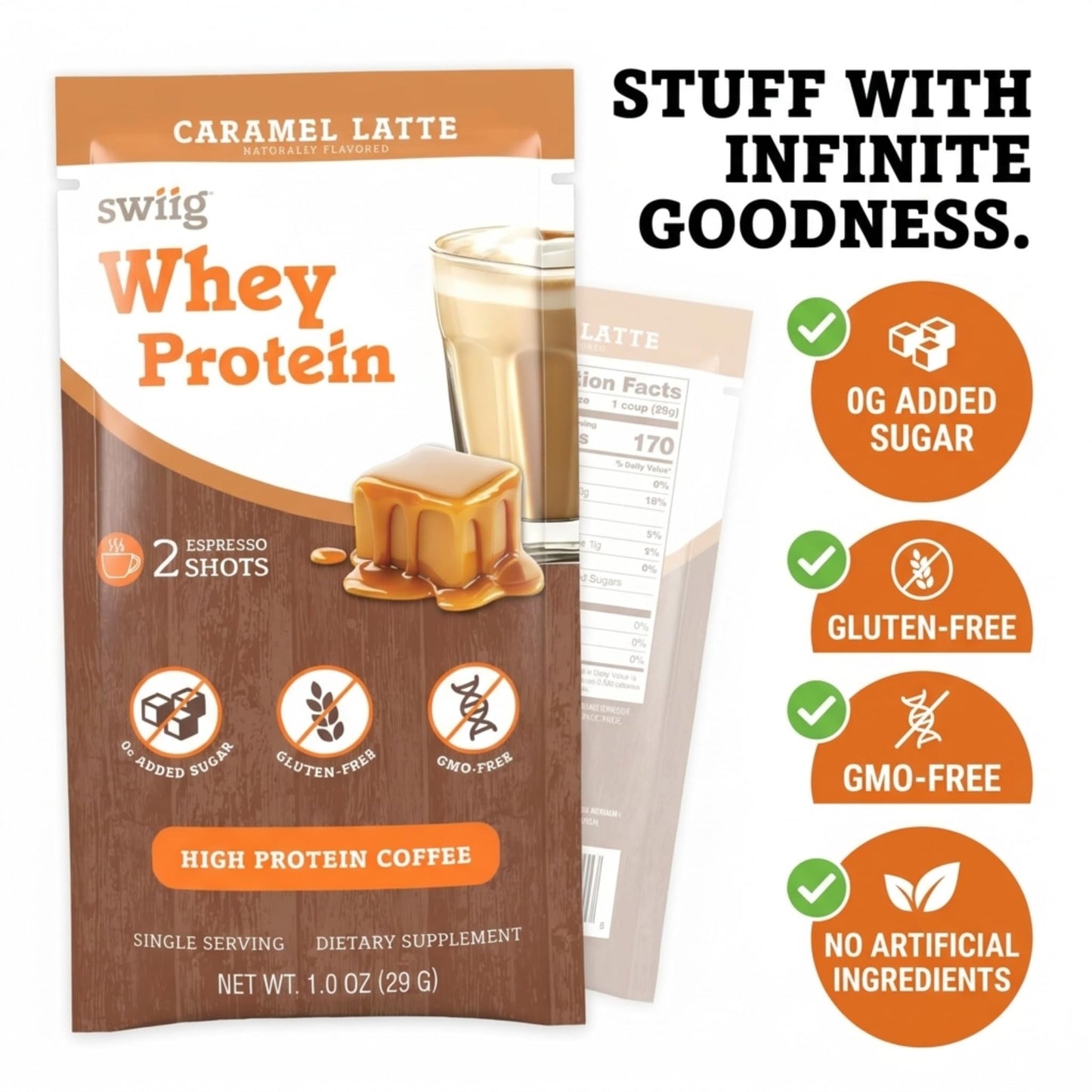 swiig Whey Protein Powder Caramel Latte Single-Serve Packets 10 Count