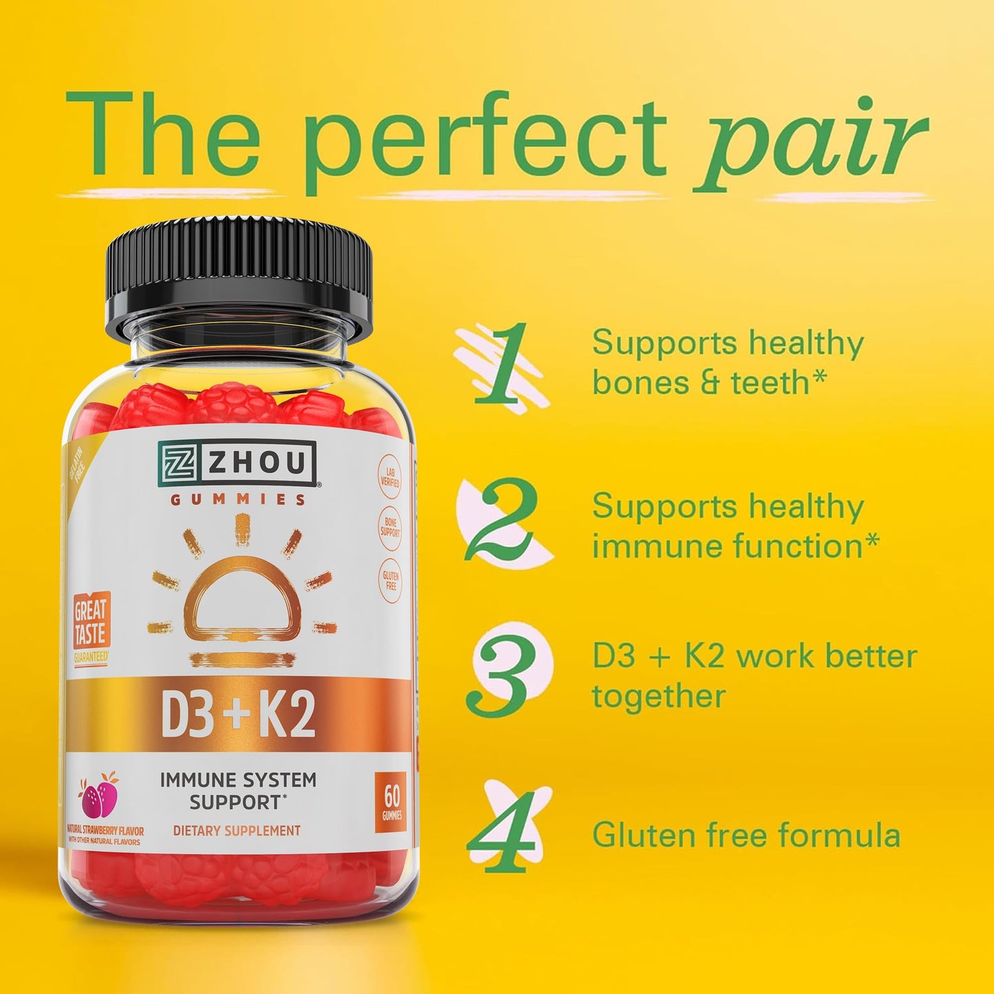 ZHOU D3+K2 Gummy - Vitamin D3 5000 IU and MK-7, Immune Support, 60 Veggie Gummies