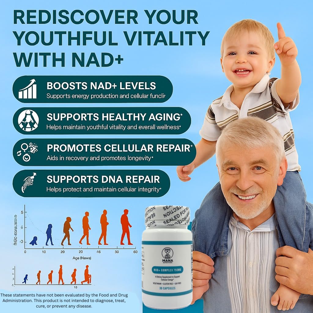 Mana Nutrition NAD+ Complex 750MG with Niacin & Vitamin C, 30 Capsules