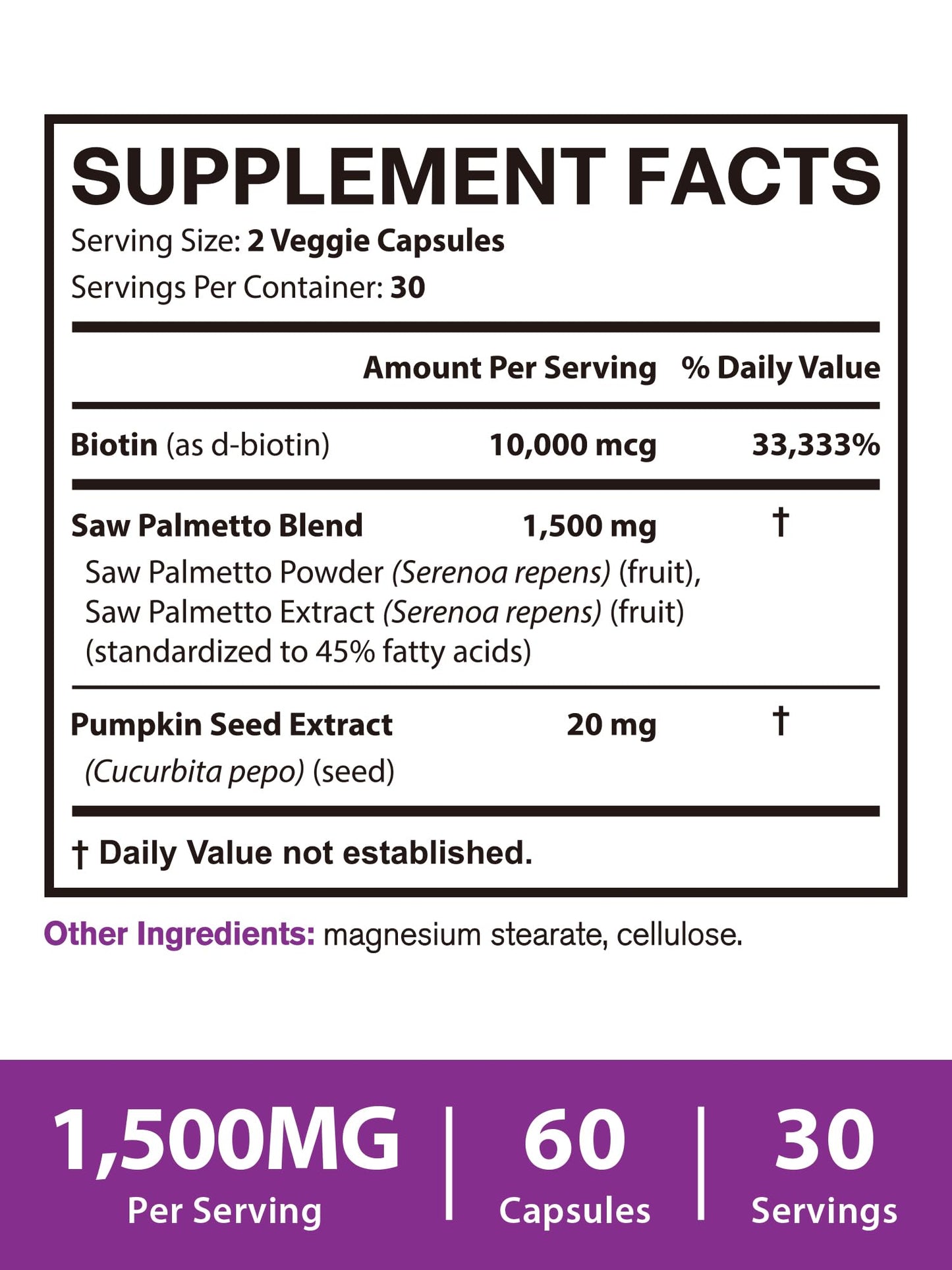Vitacook Saw Palmetto Supplement for Men and Women 1500mg, with Pumpkin Seed Extract and Biotin, Urinary Tract Function, Hair, Skin, and Nail Health, 60 Vegetarian Capsules