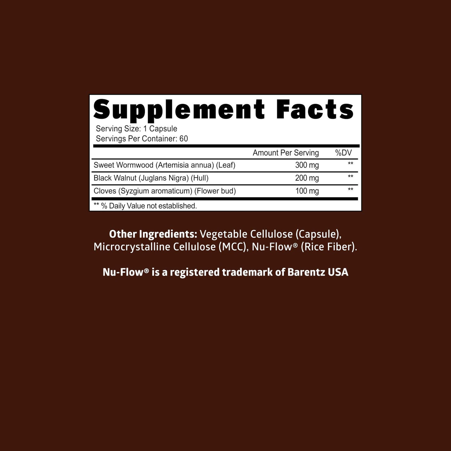 Number One Nutrition Wormwood Black Walnut Clove Capsules 600mg, 60 Count