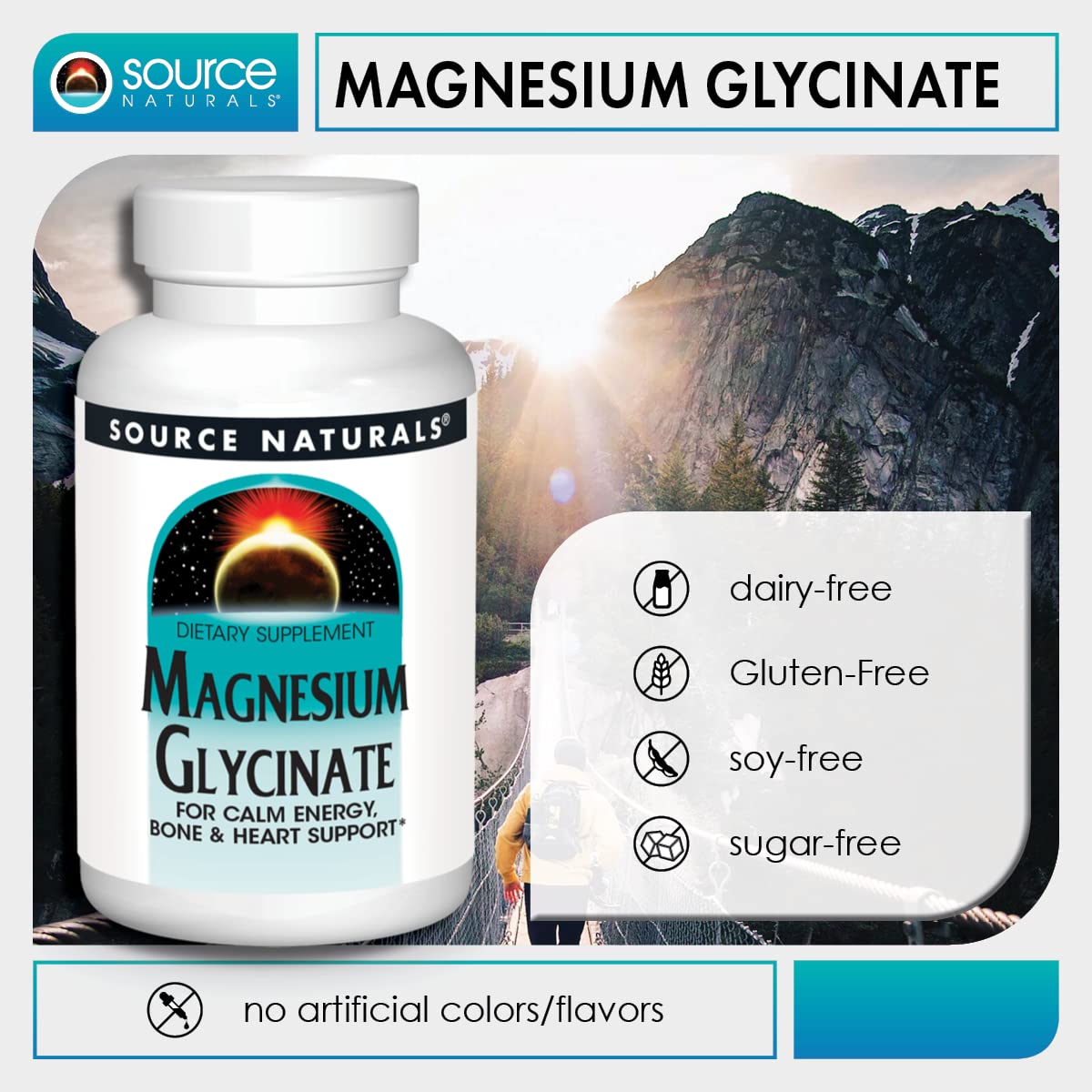 Source Naturals Magnesium Glycinate Chelated for High Absorption, for Calm Energy, Bone & Heart Support*, Tablets, 60 Tablets