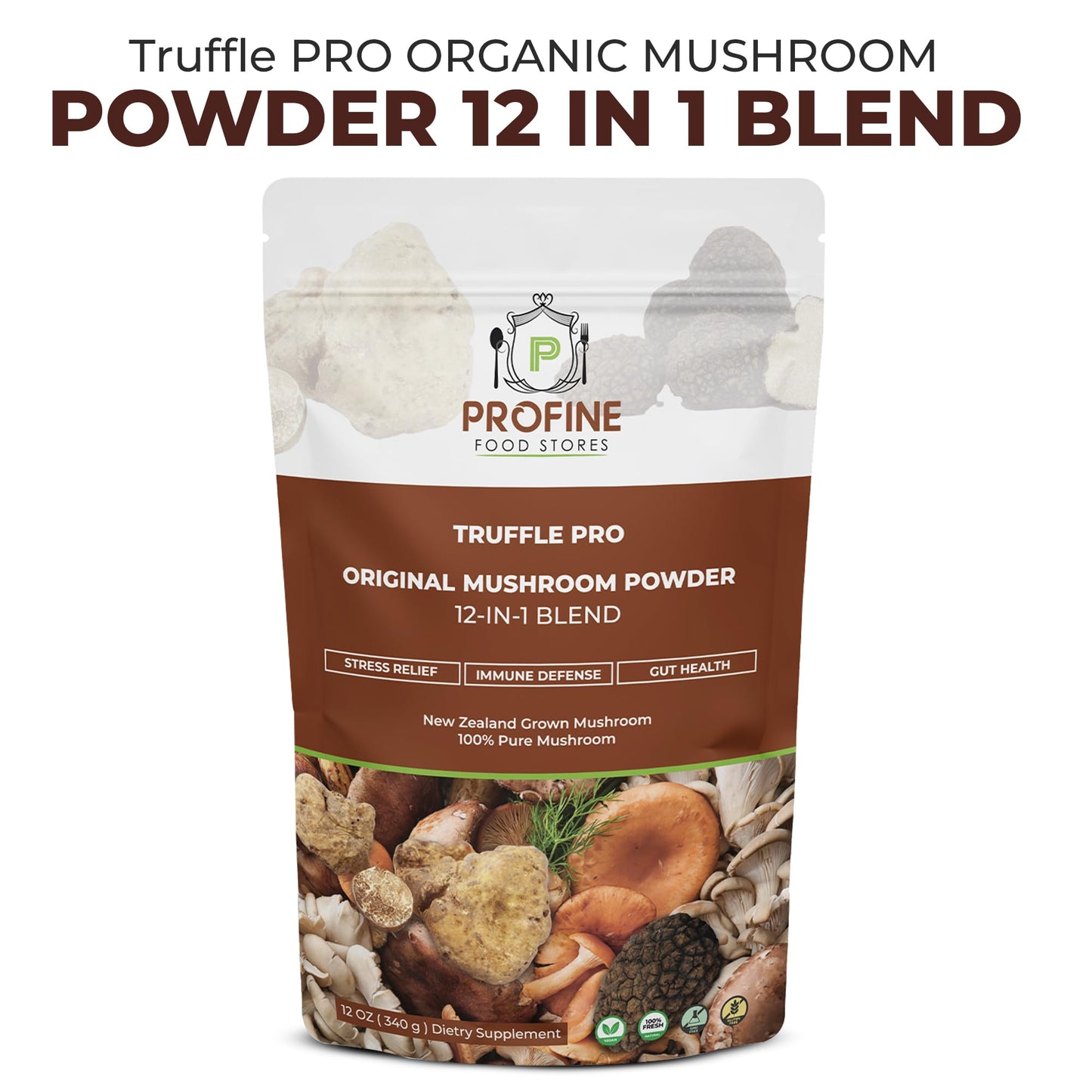 Profine Food Stores Truffle PRO Mushroom Powder 12-in-1 Super Blend with Black Truffle and White Truffle - USDA Organic - Powder, 12 oz