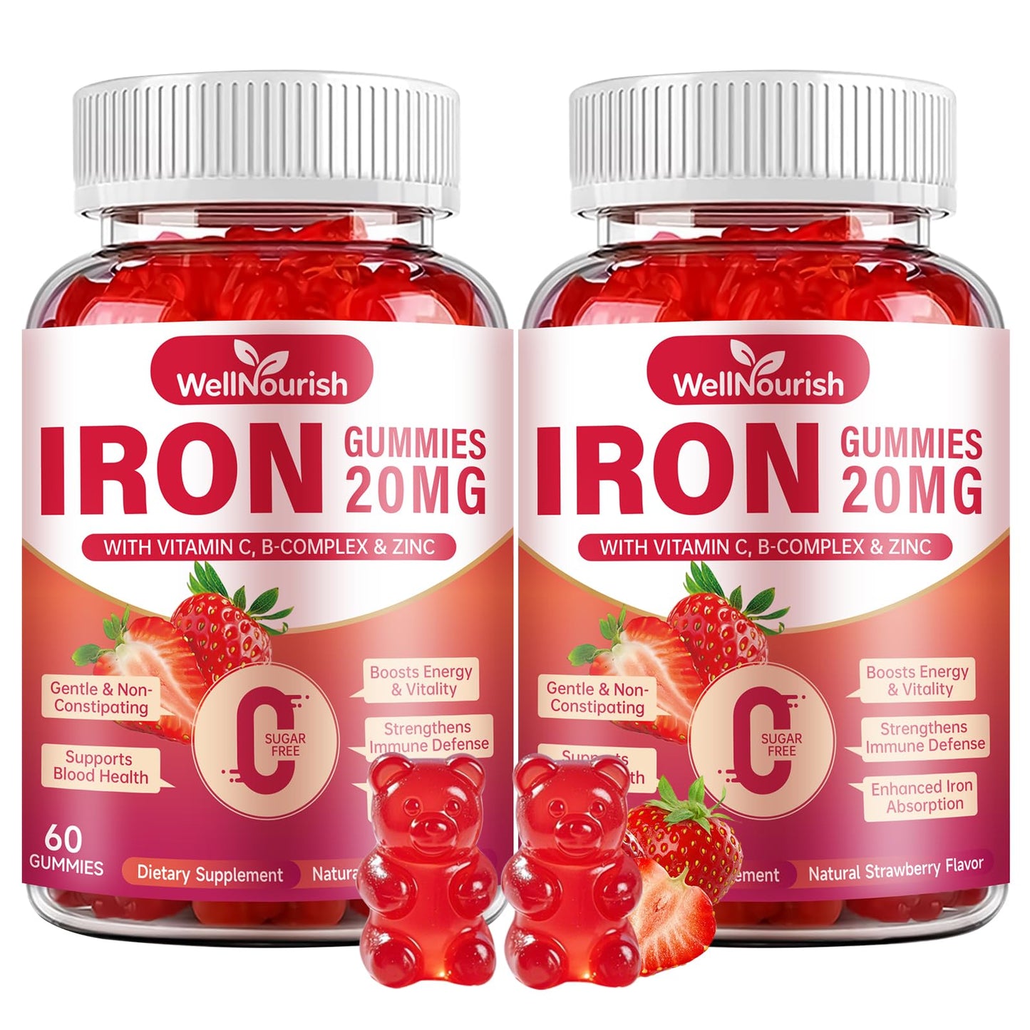 Wellnourish Iron Gummies for Women & Kids, Sugar Free with Vitamin C, 20 mg Gentle Iron, Strawberry, 120 Gummies