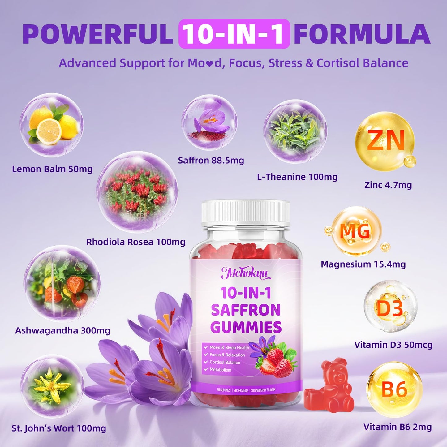 Mchokuu Saffron Gummies for Kids & Adults 88.5mg Supplement, 120 Count