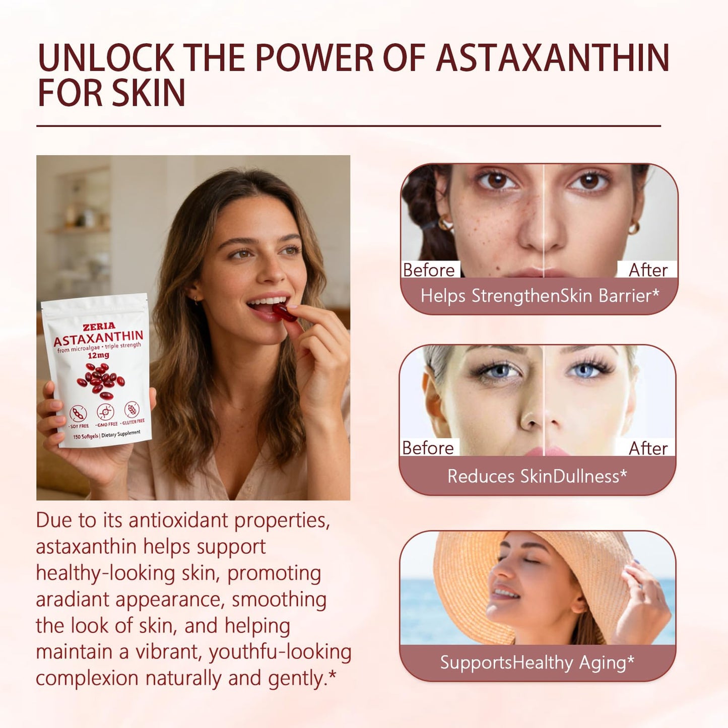 ZERIA Astaxanthin 12mg, Natural Microalgae Antioxidant for Eye, Skin & Immune Support Softgel, 150 Softgels