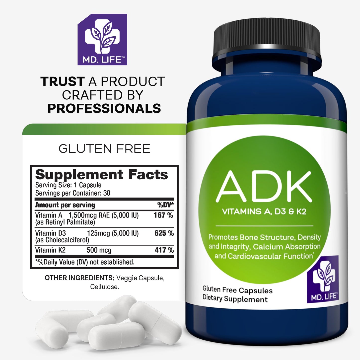MD.LIFE ADK Vitamin Supplement with Vitamin D3 K2 and A Capsules, 30 Count