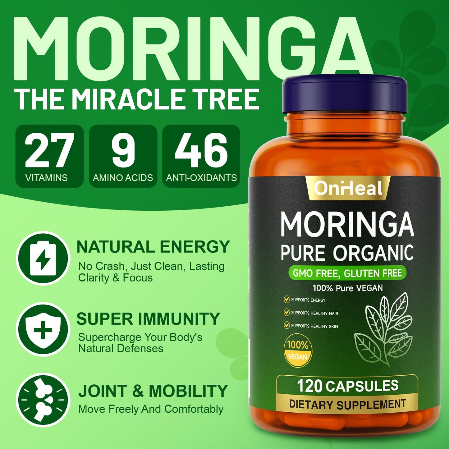 YBFQ Organic Moringa Capsules 1000 mg, 120 Count