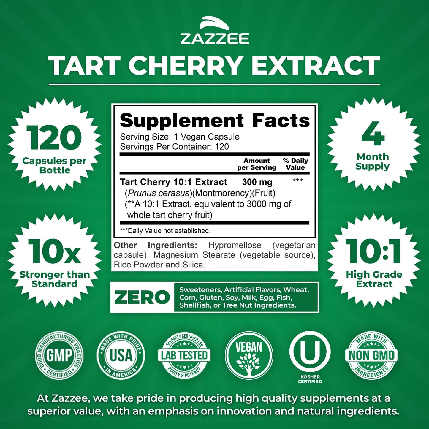 Zazzee Tart Cherry 10:1 Extract Capsules 120 Count
