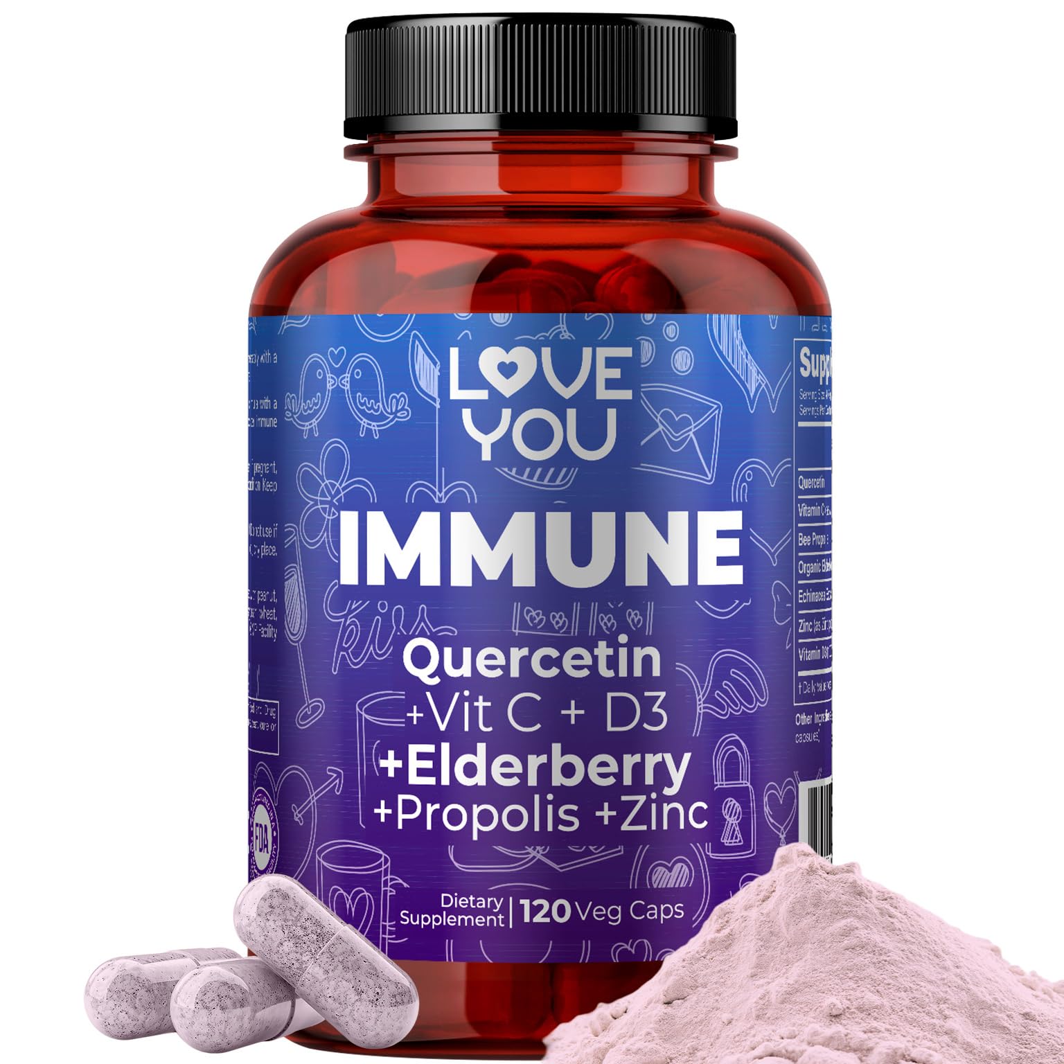 Love You Immune Support Supplement with Vitamin C, Zinc, & Elderberry 120 Capsules