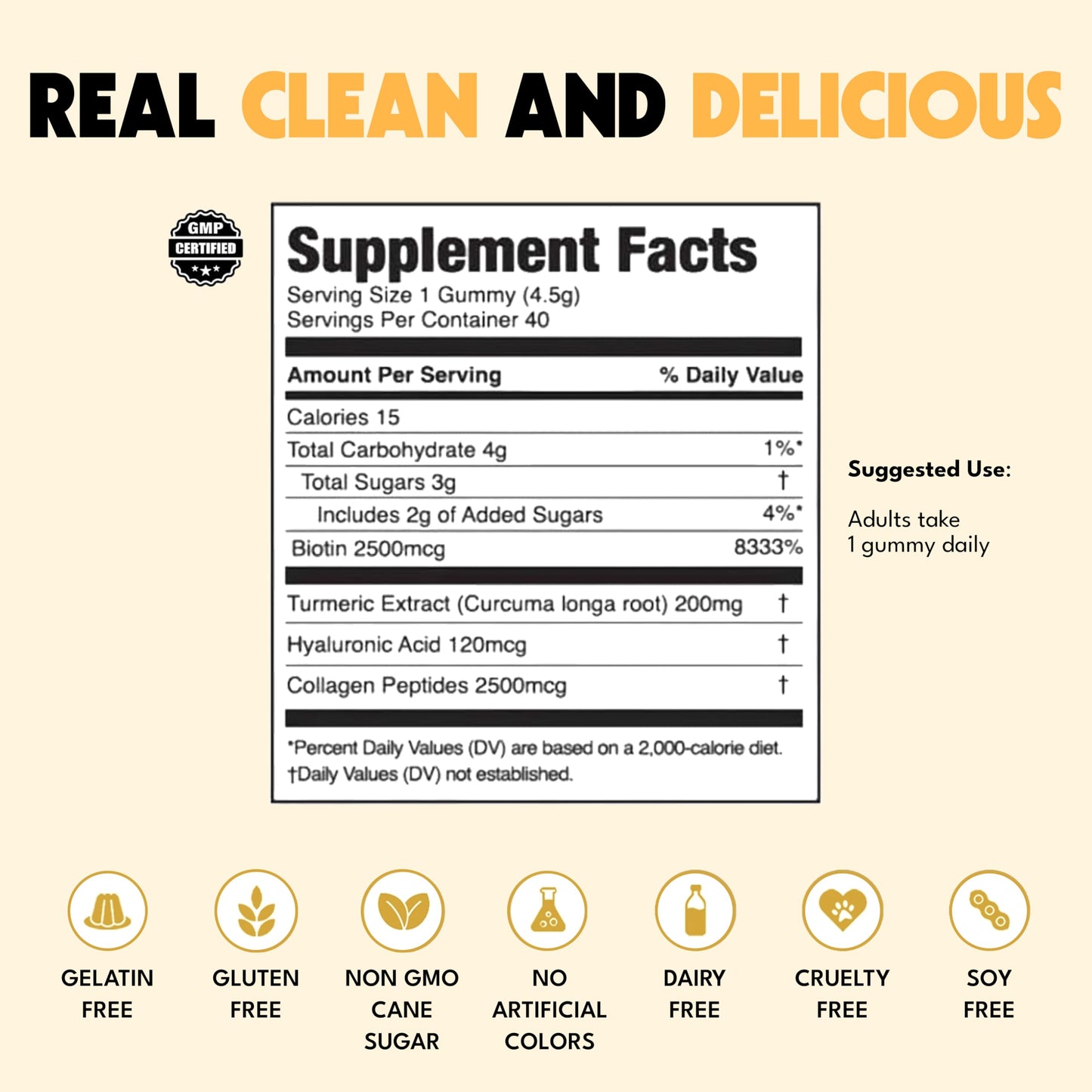 Jugo Beauty + SUPERFOODS Hair, Skin and Nails Collagen Gummies with Hyaluronic Acid and Turmeric, Gummy, 40 Count
