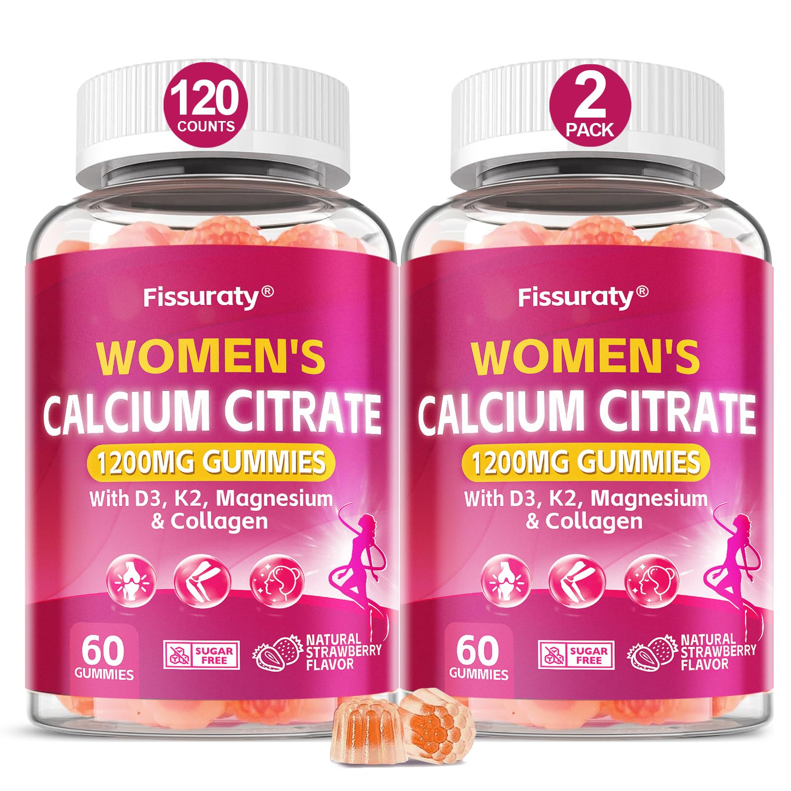 Fissuraty Calcium Citrate Gummies 1200mg with Vitamin D3, K2, Magnesium, Collagen Peptides, Vitamin C & Zinc for Women - Sugar Free, Non-GMO - 120 Count
