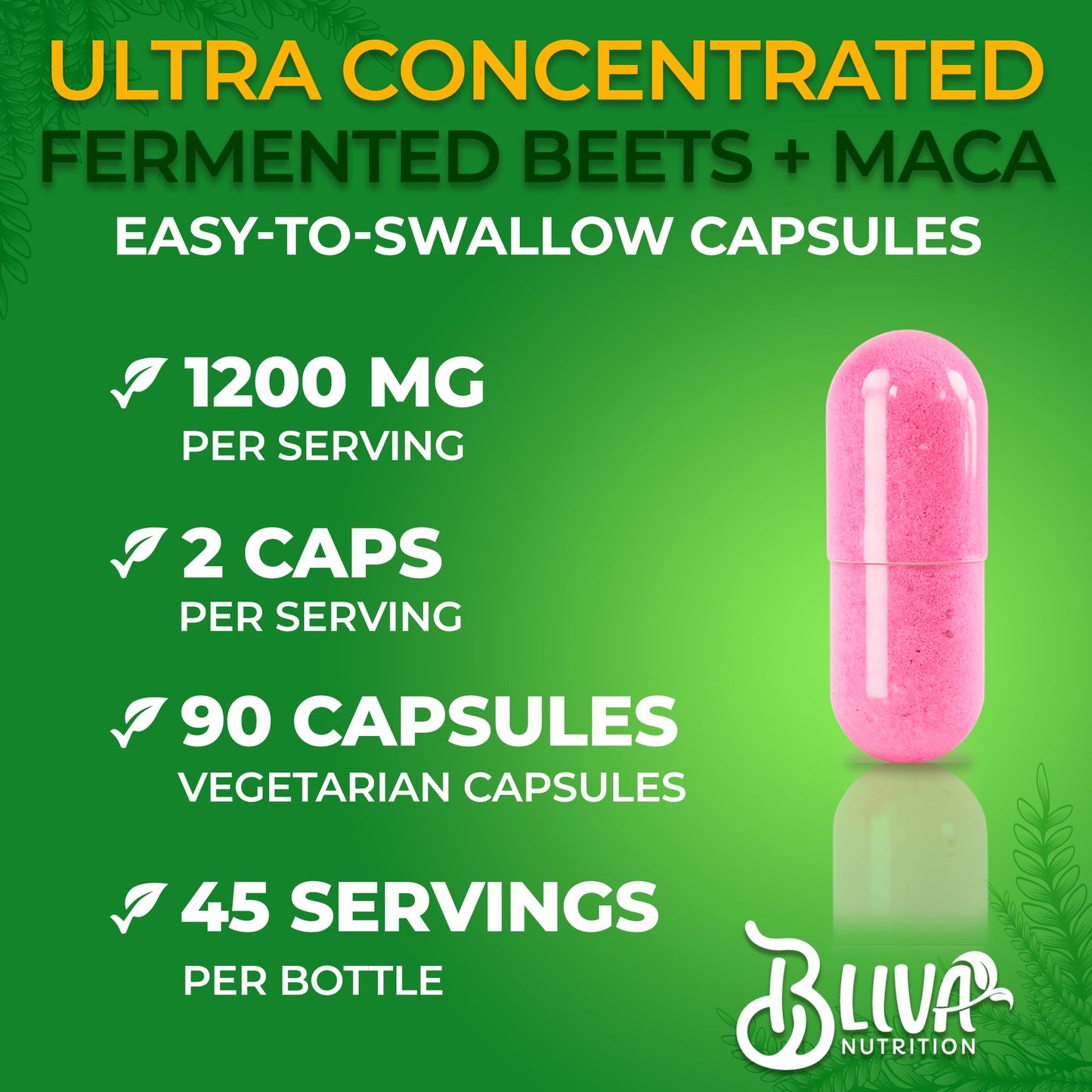 BLIVA NUTRITION Organic Fermented Beet Root with Maca Capsules 1200mg, 90 Capsules