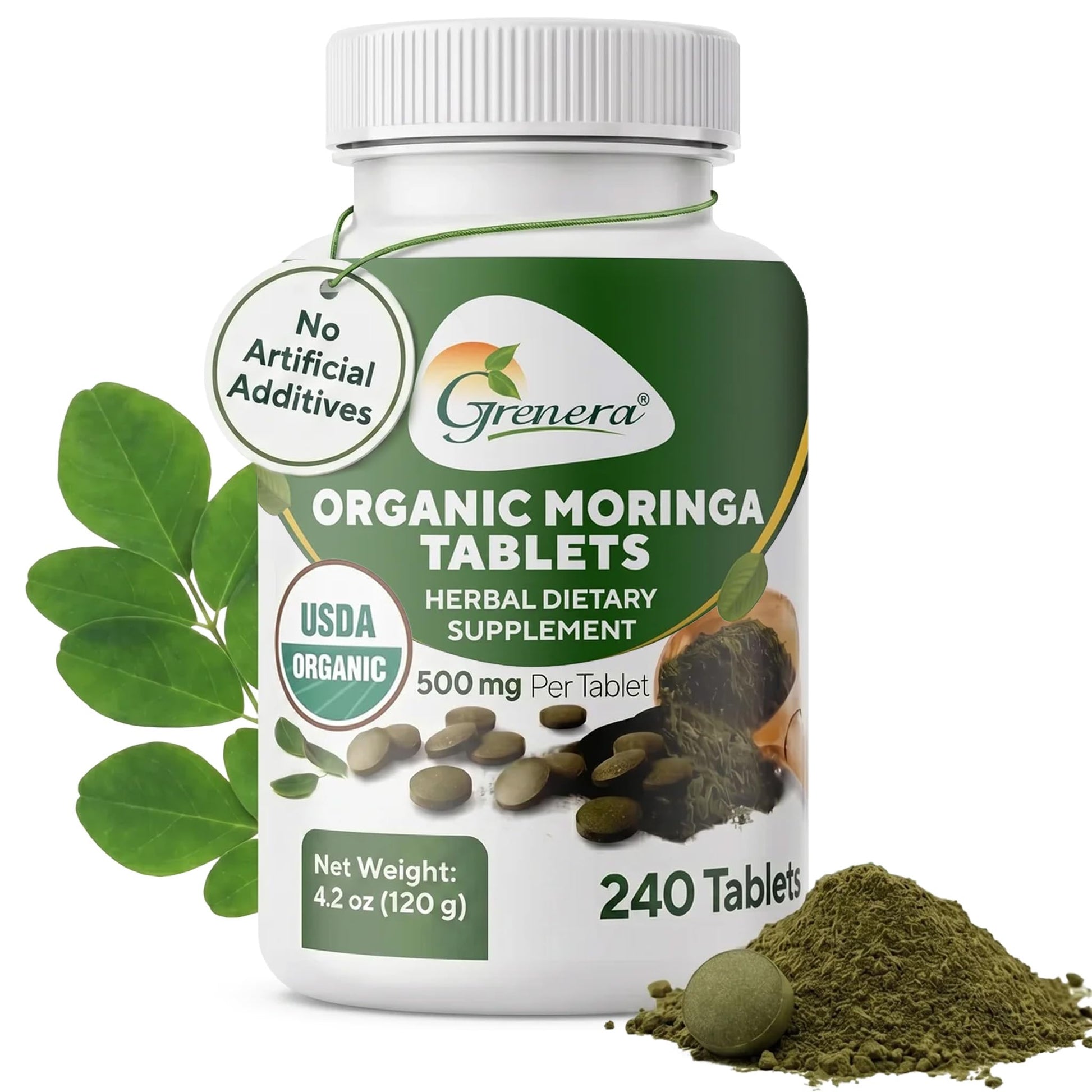 Grenera Organic Moringa 500mg Tablets, 240 Count