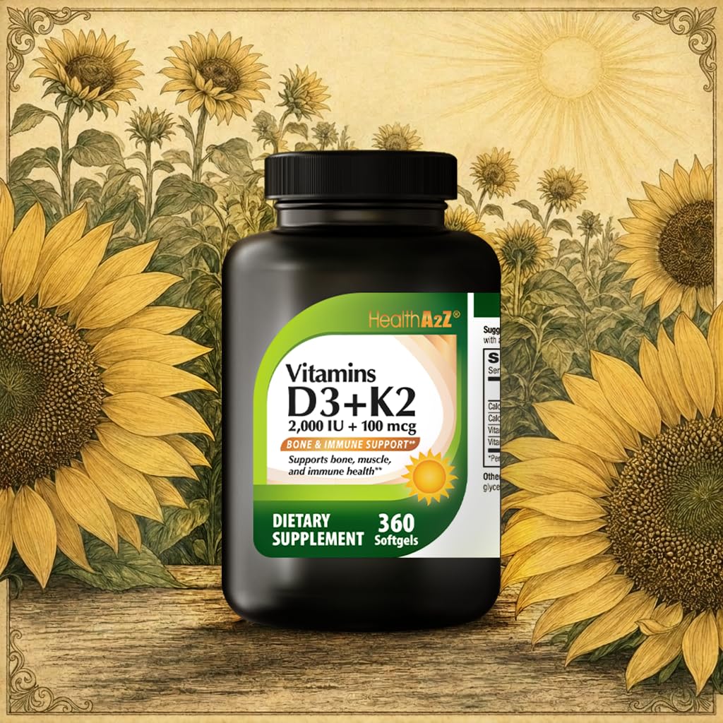 HealthA2Z Vitamin D3 (2,000 IU) + K2 (100 mcg) Softgels, 360 Count